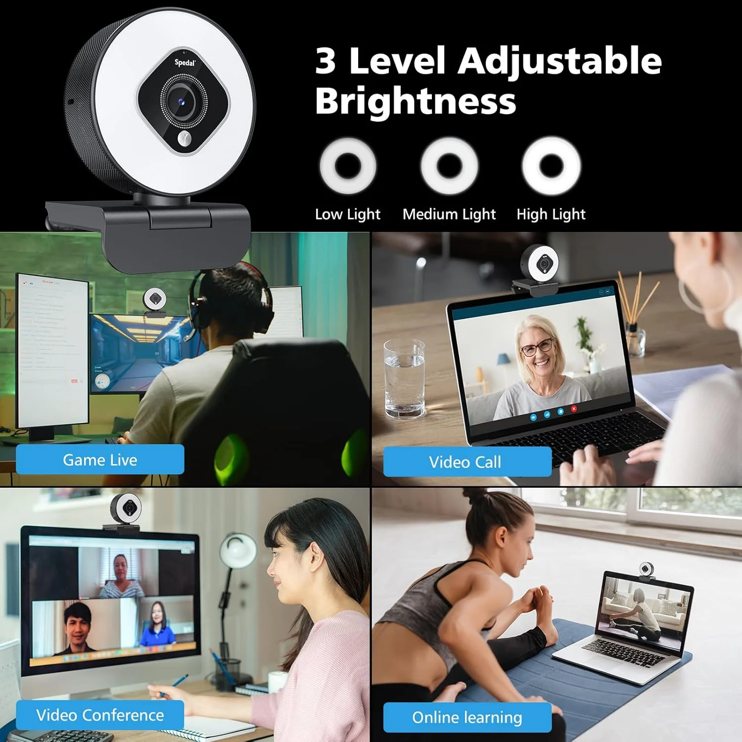 وب کم اسپیدال HD1080P با نور حلقه ای و لنز زوم، روشنایی قابل تنظیم 3 سطح، وب کم فوکوس خودکار با سه پایه و میکروفون، شامل نرم افزار وب کم، دوربین استریمینگ برای ویندوز و مک وب کم اسپیدال HD1080P با نور حلقه ای و لنز زوم، روشنایی قابل تنظیم 3 سطح، وب کم فوکوس خودکار با سه پایه و میکروفون، شامل نرم افزار وب کم، دوربین استریمینگ برای ویندوز و مک