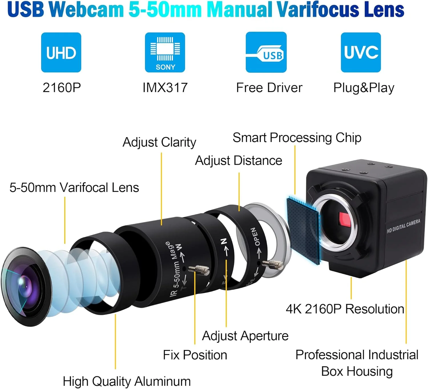 وبکم USB با قابلیت تغییر فاصله کانونی 4K، زوم اپتیکال 10x، وبکم 5-50mm با قابلیت تنظیم فوکوس، وب کم USB 4K Ultra HD 2160P، دوربین زوم با سنسور IMX317، وبکم USB با قابلیت زوم و تغییر فاصله کانونی برای Mac/Window/Linux/Raspberry Pi وبکم USB با قابلیت تغییر فاصله کانونی 4K، زوم اپتیکال 10x، وبکم 5-50mm با قابلیت تنظیم فوکوس، وب کم USB 4K Ultra HD 2160P، دوربین زوم با سنسور IMX317، وبکم USB با قابلیت زوم و تغییر فاصله کانونی برای Mac/Window/Linux/Raspberry Pi