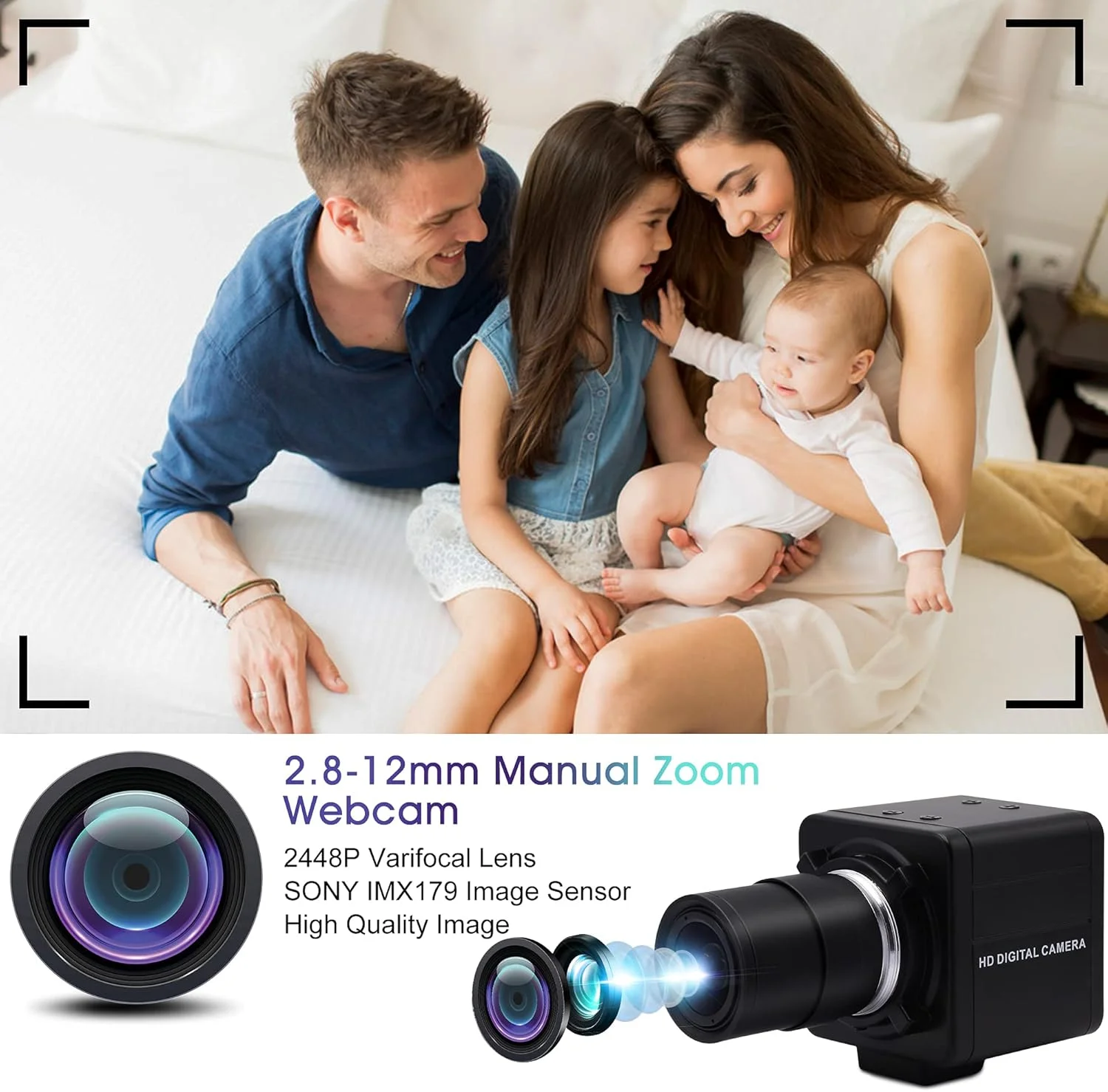 وب کم USB با لنز وریفوکال، دوربین مینی 2.8-12 میلی متری 8 مگاپیکسلی سونی IMX179 USB با دوربین های با کیفیت بالا 3264X2448 USB2.0، پشتیبانی از اکثر سیستم عامل ها/پروتکل UVC/اکثر سیستم عامل ها/بدون نیاز به درایور