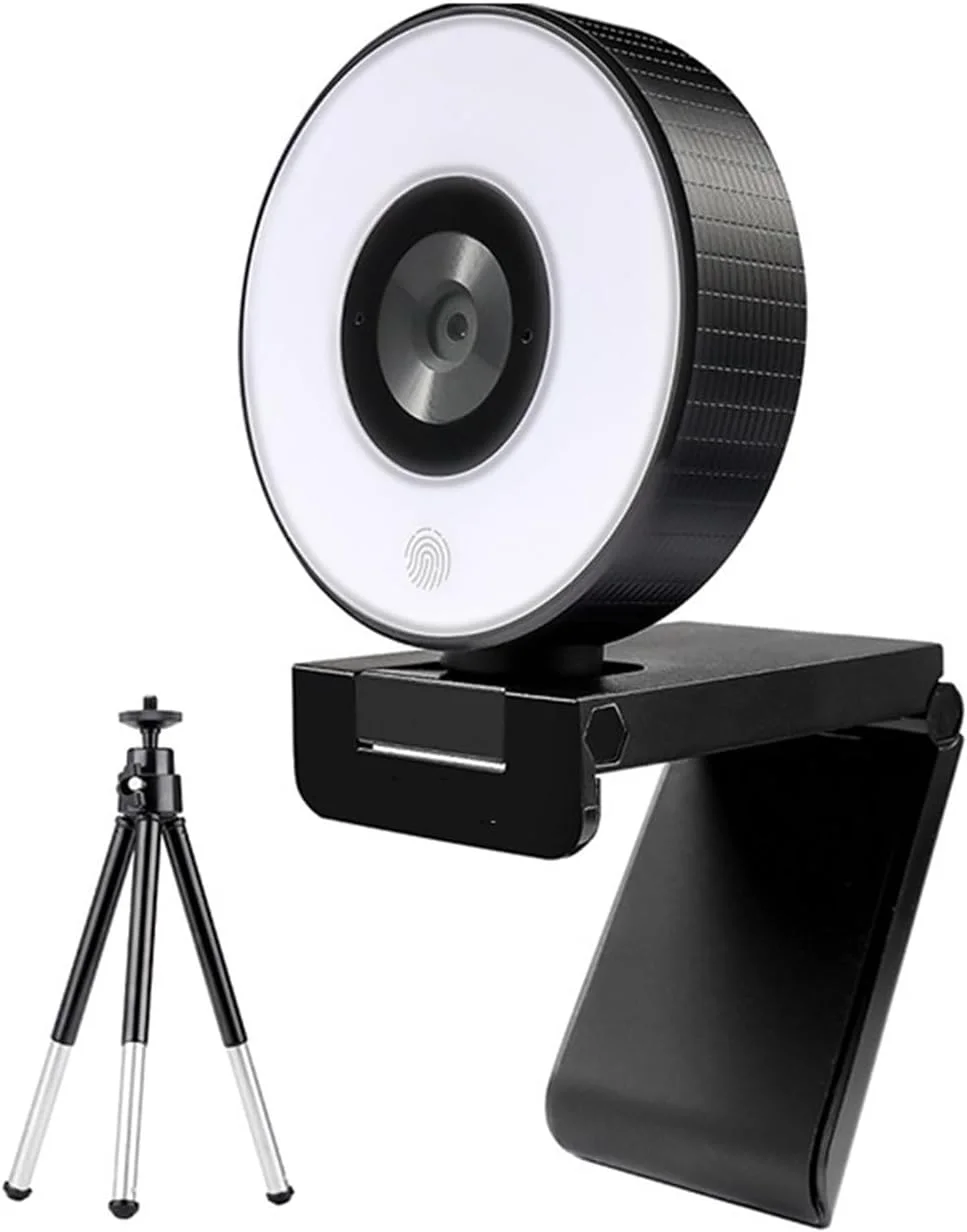 وب کم، دوربین وب FHD 1080P با فوکوس ثابت، پخش زنده با نور حلقه ای دوتایی 30 فریم در ثانیه USB، سه پایه دوربین وب برای کامپیوتر رومیزی و لپ تاپ برای کنفرانس