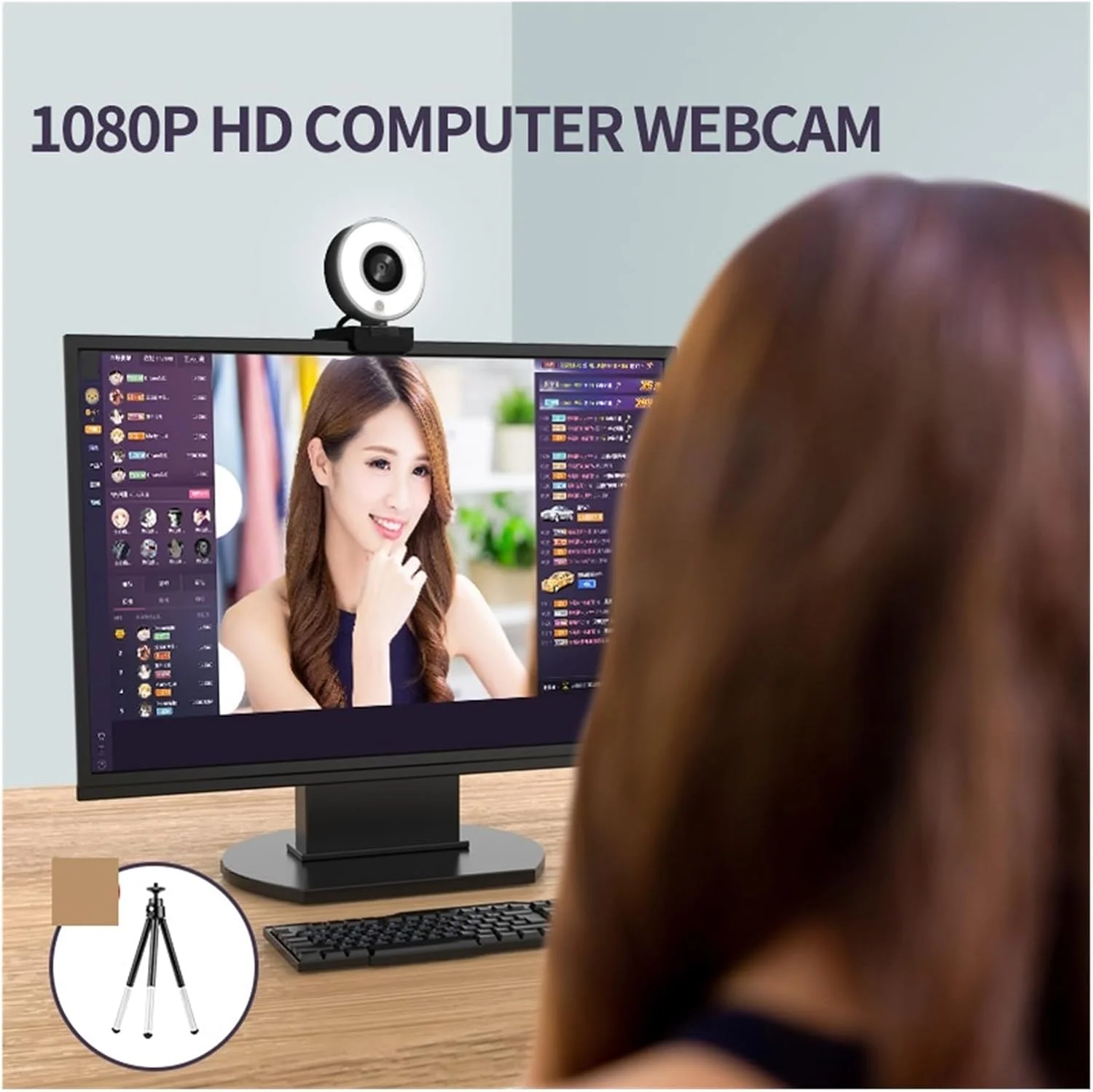 وب کم، دوربین وب FHD 1080P با فوکوس ثابت، پخش زنده با نور حلقه ای دوتایی 30 فریم در ثانیه USB، سه پایه دوربین وب برای کامپیوتر رومیزی و لپ تاپ برای کنفرانس