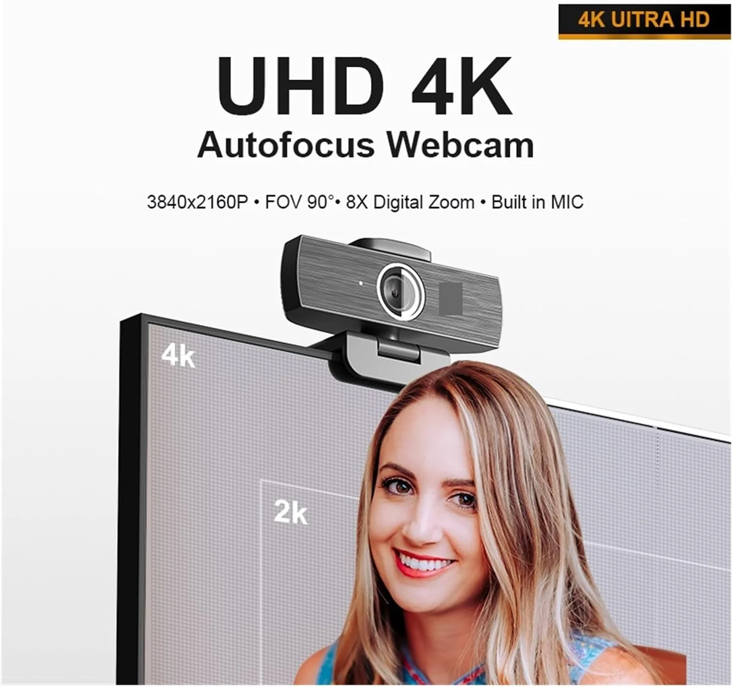 وب کم، دوربین وب 4K UHD 4MP با زوم 8X USB برای لپ تاپ، 60 فریم در ثانیه، دوربین روان برای جلسات آنلاین کاری