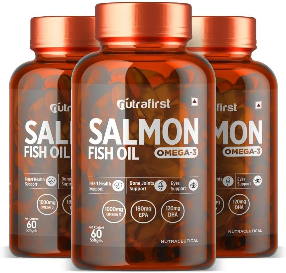 کپسول روغن ماهی سالمون نوترافرست با امگا 3 (1000 میلی گرم)، EPA (180 میلی گرم) و DHA (120 میلی گرم) برای قلب، مغز، چشم ها و مفاصل سالم - 60 سافت ژل | مکمل های روغن ماهی امگا 3 برای زنان و مردان، بسته 3 عددی