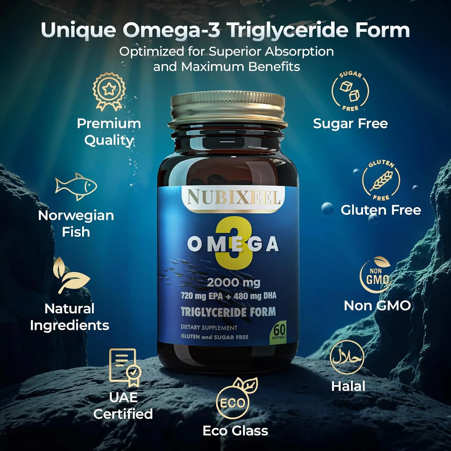 کپسول روغن ماهی امگا 3 ممتاز - 2000 میلی گرم 720 EPA + 480 DHA | فرم تری گلیسیرید | پشتیبانی از قلب، مغز و مفاصل | روغن ماهی نروژی | برای آقایان و بانوان | دارای گواهی حلال | بدون شکر