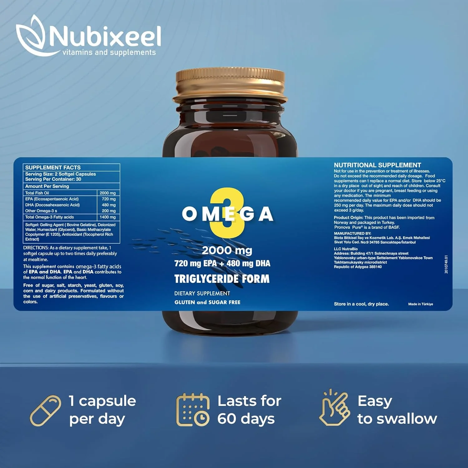 کپسول روغن ماهی امگا 3 ممتاز - 2000 میلی گرم 720 EPA + 480 DHA | فرم تری گلیسیرید | پشتیبانی از قلب، مغز و مفاصل | روغن ماهی نروژی | برای آقایان و بانوان | دارای گواهی حلال | بدون شکر