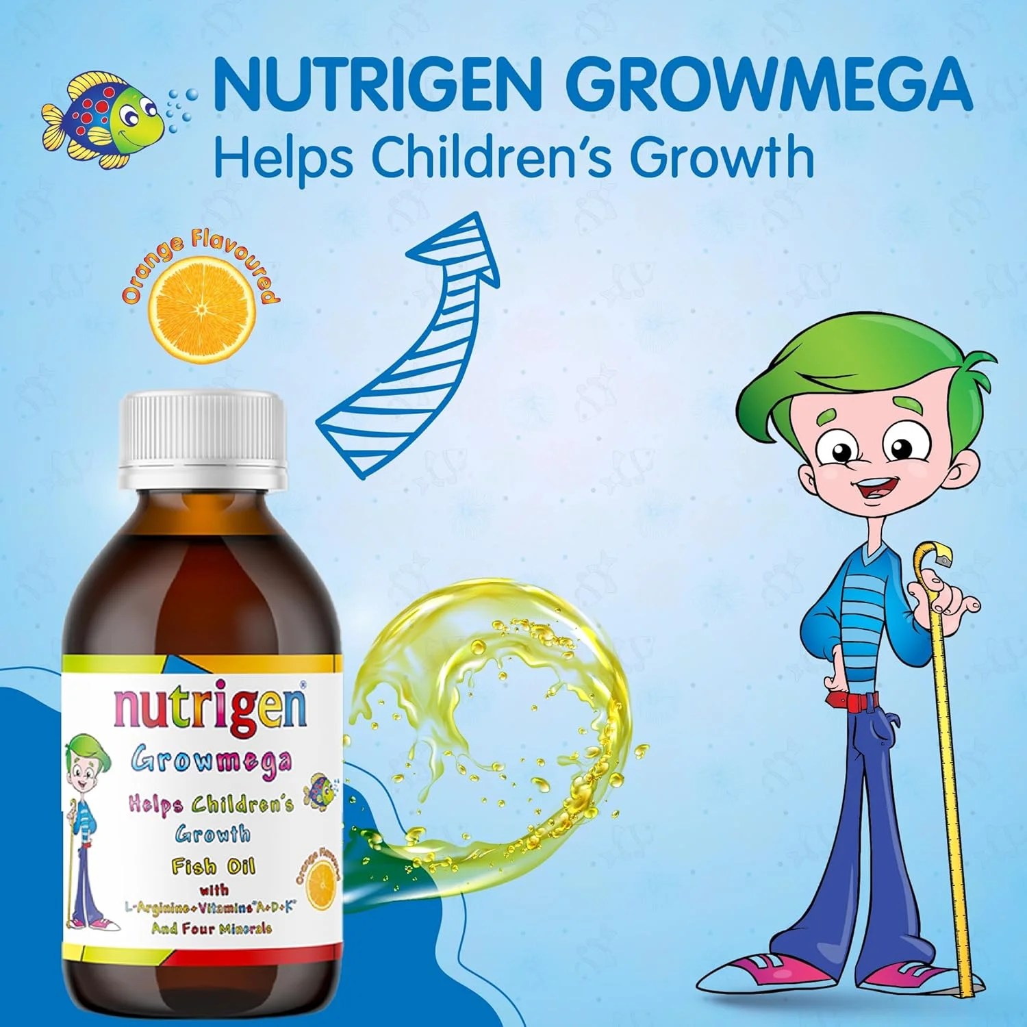 مایع نوتریژن گرومگا با روغن ماهی ایسلندی، امگا 3 (EPA و DHA) + ویتامین های A، B2، D، K، کلسیم، روی، فسفر، ید و ال-آرژنین، با طعم پرتقال، کمک به رشد کودکان، 200 میلی لیتر