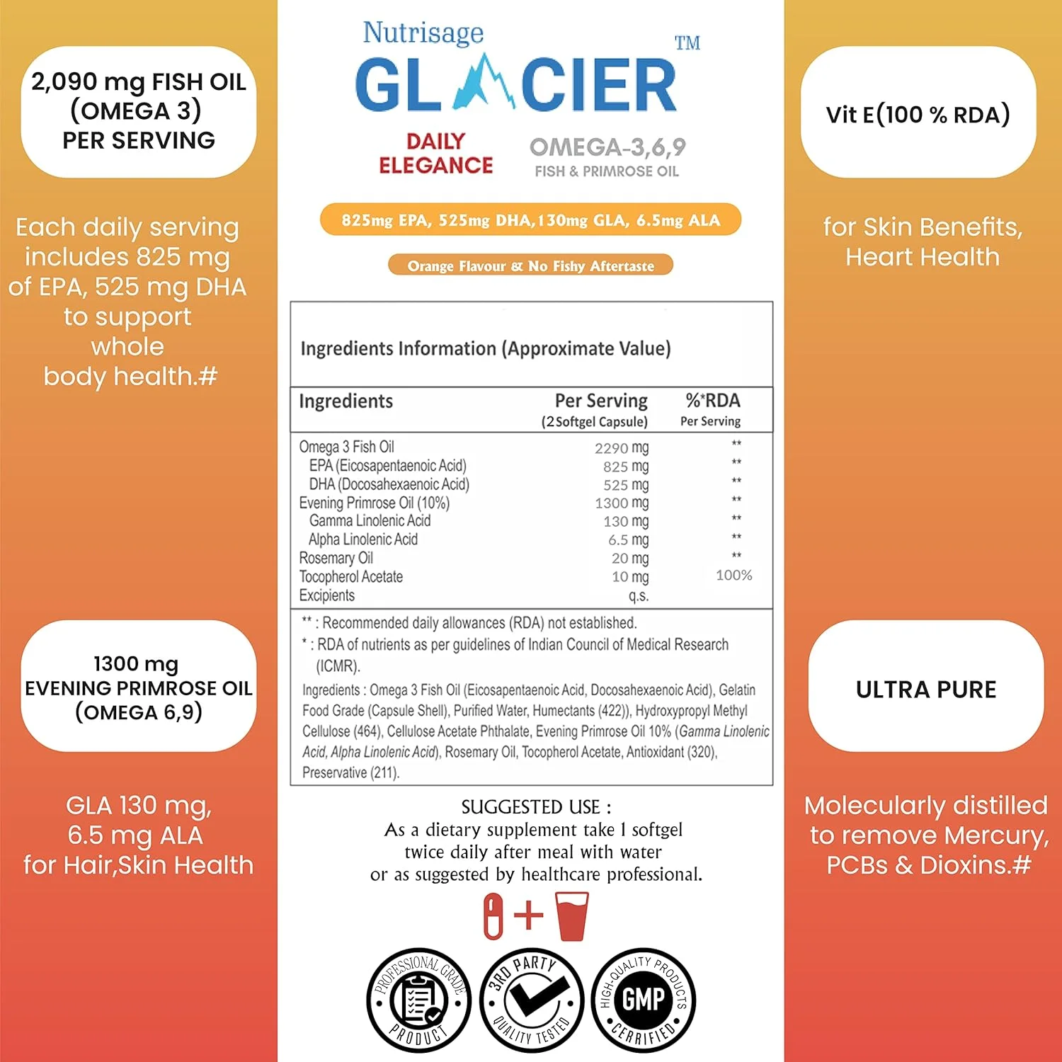 گلیشر دیلی الگانس امگا 3، 6، 9 - روغن ماهی 2090 میلی گرم و روغن گل پامچال 1300 میلی گرم و ویتامین ای برای سلامت قلب، مفاصل، پوست و مو - 60 سافت ژل با پوشش روده ای - بسته 1 عددی گلیشر دیلی الگانس امگا 3، 6، 9 - روغن ماهی 2090 میلی گرم و روغن گل پامچال 1300 میلی گرم و ویتامین ای برای سلامت قلب، مفاصل، پوست و مو - 60 سافت ژل با پوشش روده ای - بسته 1 عددی