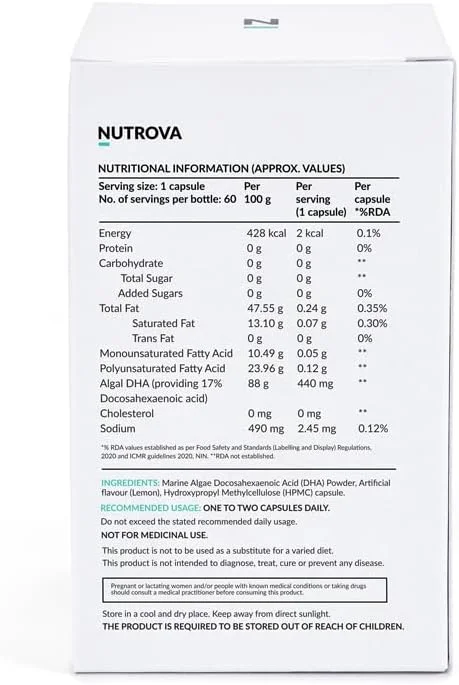 نوتراوا امگا 3 کامل گیاهی و بدون ژلاتین 60 کپسول با عصاره جلبک دریایی حاوی 17% DHA با منبع گیاهی - پشتیبانی از سلامت قلب و عروق، پوست و مو و غیره - ایده آل برای گیاهخواران