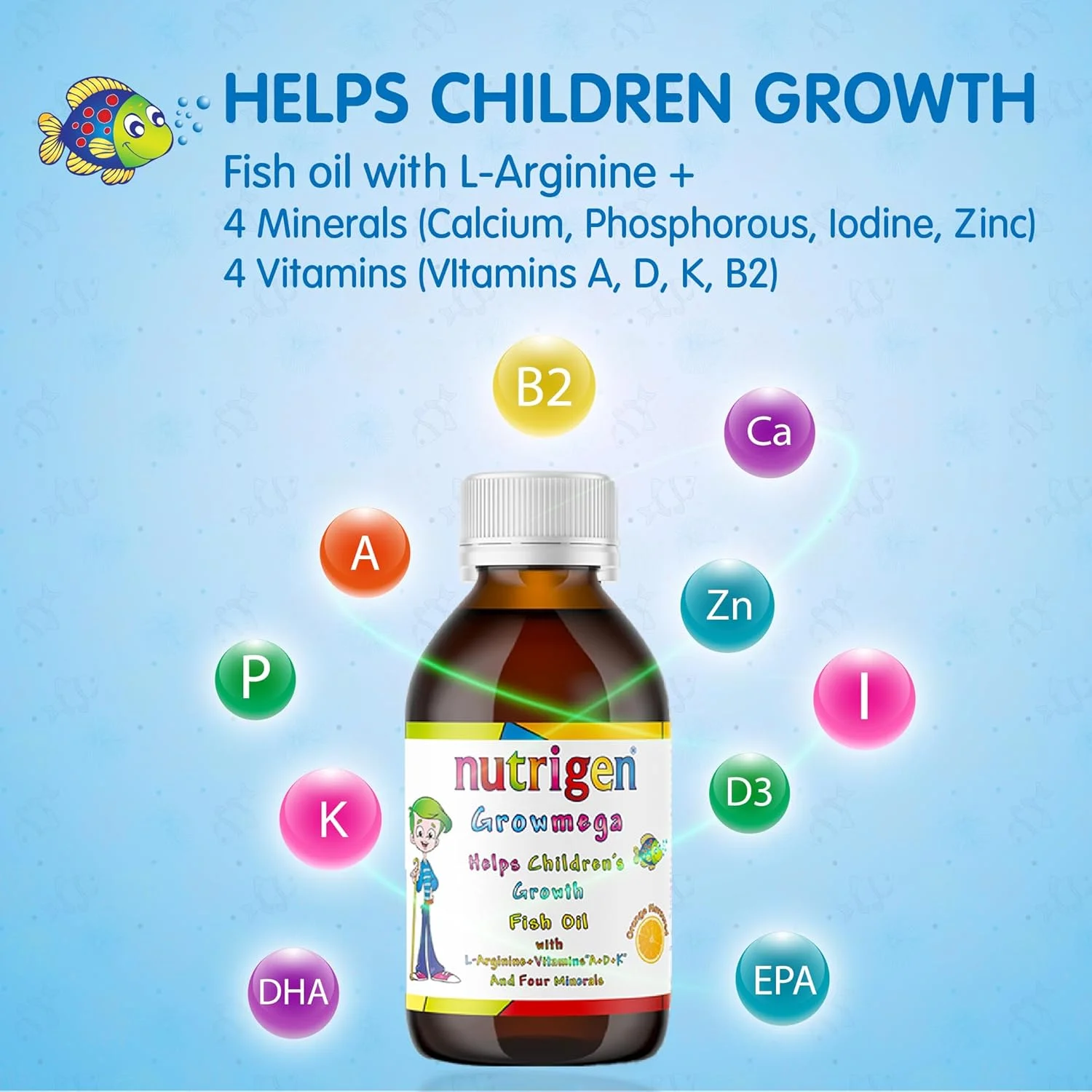 مایع نوتریژن گرومگا با روغن ماهی ایسلندی، امگا 3 (EPA و DHA) + ویتامین های A، B2، D، K، کلسیم، روی، فسفر، ید و ال-آرژنین، با طعم پرتقال، کمک به رشد کودکان، 200 میلی لیتر