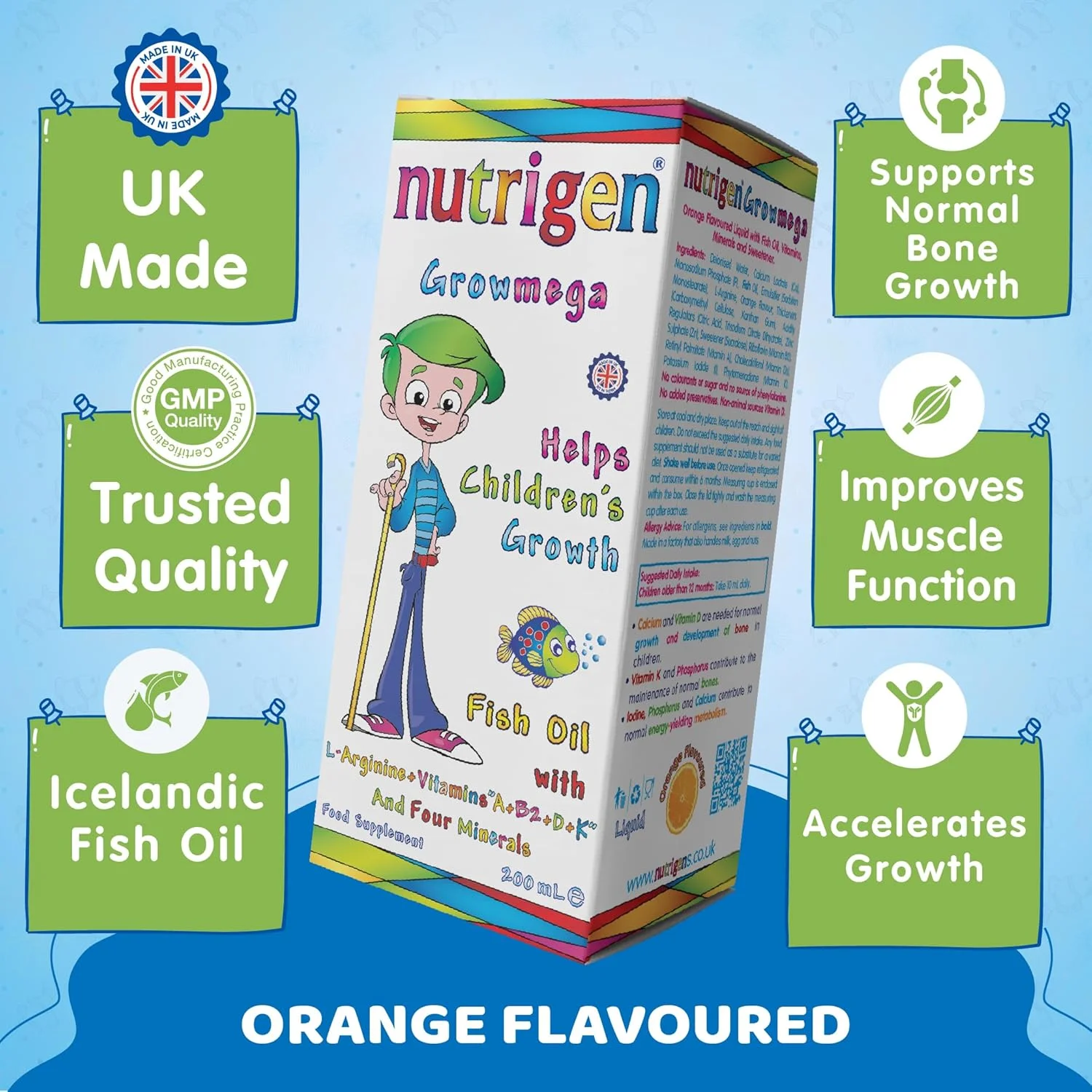 مایع نوتریژن گرومگا با روغن ماهی ایسلندی، امگا 3 (EPA و DHA) + ویتامین های A، B2، D، K، کلسیم، روی، فسفر، ید و ال-آرژنین، با طعم پرتقال، کمک به رشد کودکان، 200 میلی لیتر