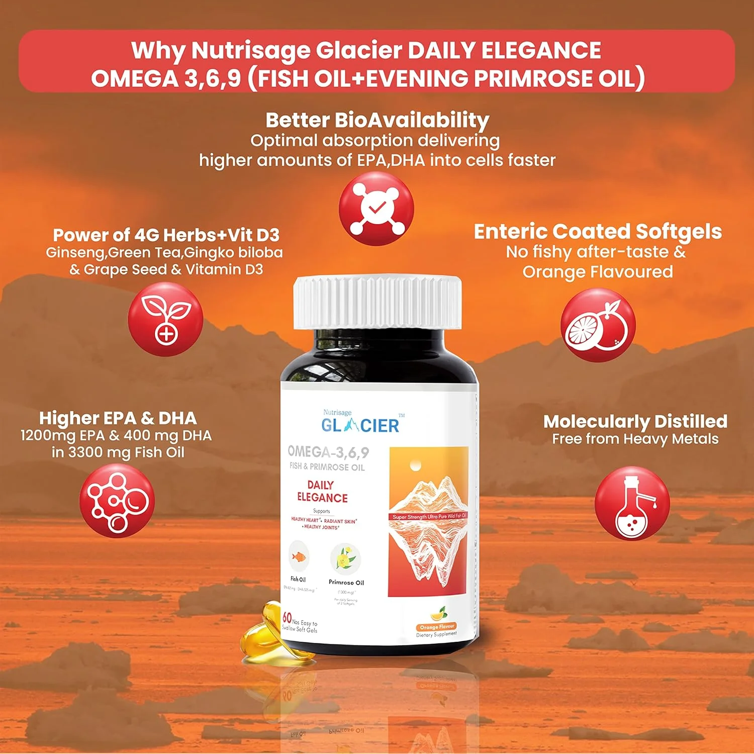 گلیشر دیلی الگانس امگا 3، 6، 9 - روغن ماهی 2090 میلی گرم و روغن گل پامچال 1300 میلی گرم و ویتامین ای برای سلامت قلب، مفاصل، پوست و مو - 60 سافت ژل با پوشش روده ای - بسته 1 عددی گلیشر دیلی الگانس امگا 3، 6، 9 - روغن ماهی 2090 میلی گرم و روغن گل پامچال 1300 میلی گرم و ویتامین ای برای سلامت قلب، مفاصل، پوست و مو - 60 سافت ژل با پوشش روده ای - بسته 1 عددی