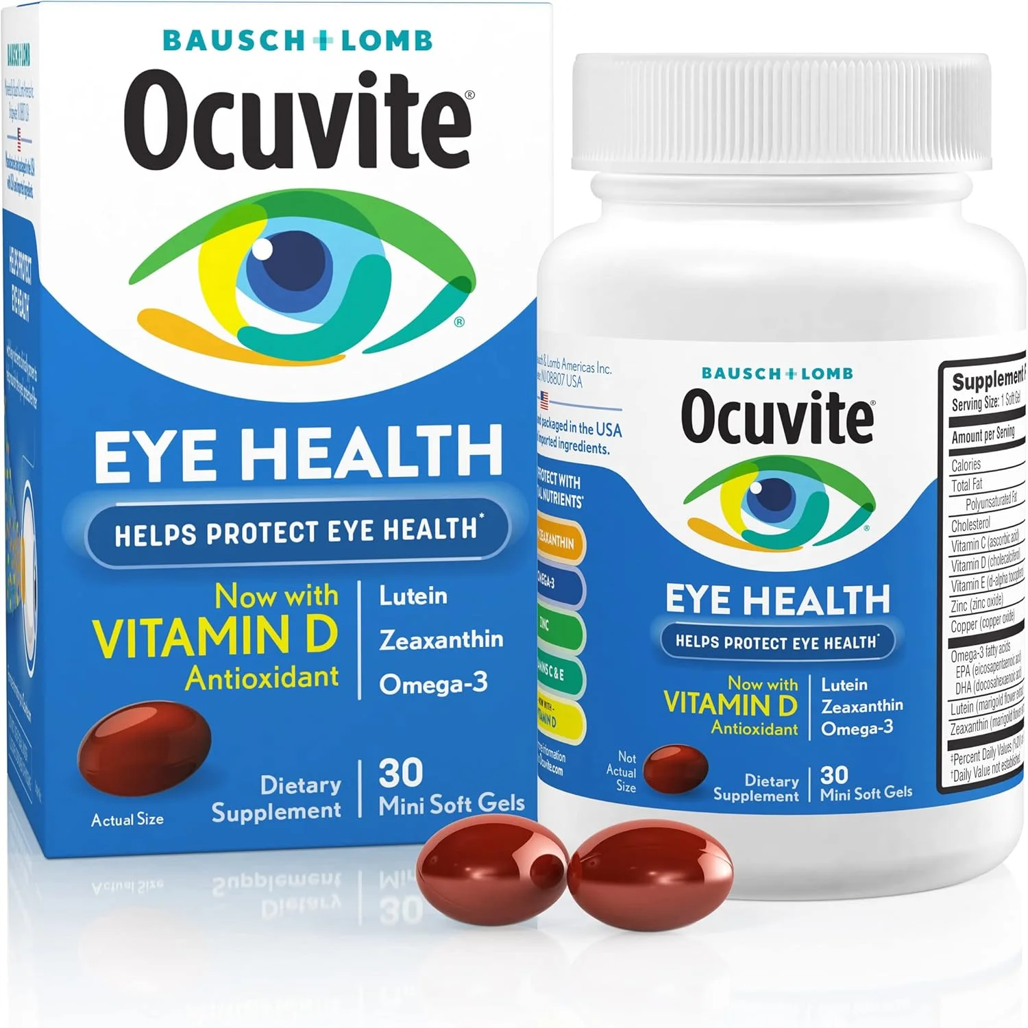 مکمل ویتامین و مواد معدنی چشم Ocuvite Bausch & Lomb با لوتئین، زآگزانتین و امگا 3، (بطری 30 عددی) مکمل ویتامین و مواد معدنی چشم Ocuvite Bausch & Lomb با لوتئین، زآگزانتین و امگا 3، (بطری 30 عددی)