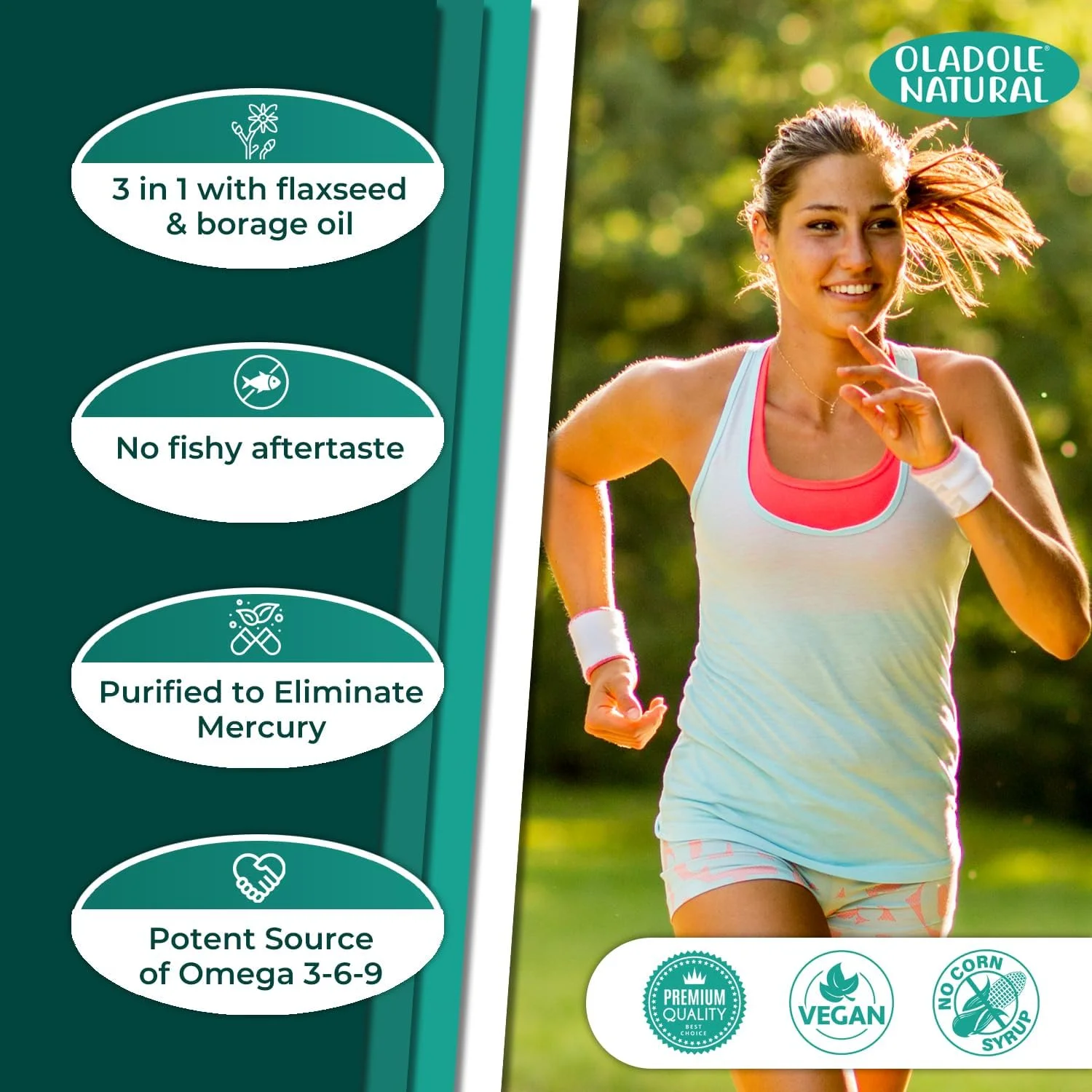 مکمل امگا 3-6-9 طبیعی Oladole - 2400 میلی گرم (120 سافت ژل) تقطیر مولکولی | تقویت سلامت قلب، عملکرد شناختی و پشتیبانی از مفاصل | فرمول اسیدهای چرب ضروری | بدون گلوتن، غیر GMO مکمل امگا 3-6-9 طبیعی Oladole - 2400 میلی گرم (120 سافت ژل) تقطیر مولکولی | تقویت سلامت قلب، عملکرد شناختی و پشتیبانی از مفاصل | فرمول اسیدهای چرب ضروری | بدون گلوتن، غیر GMO