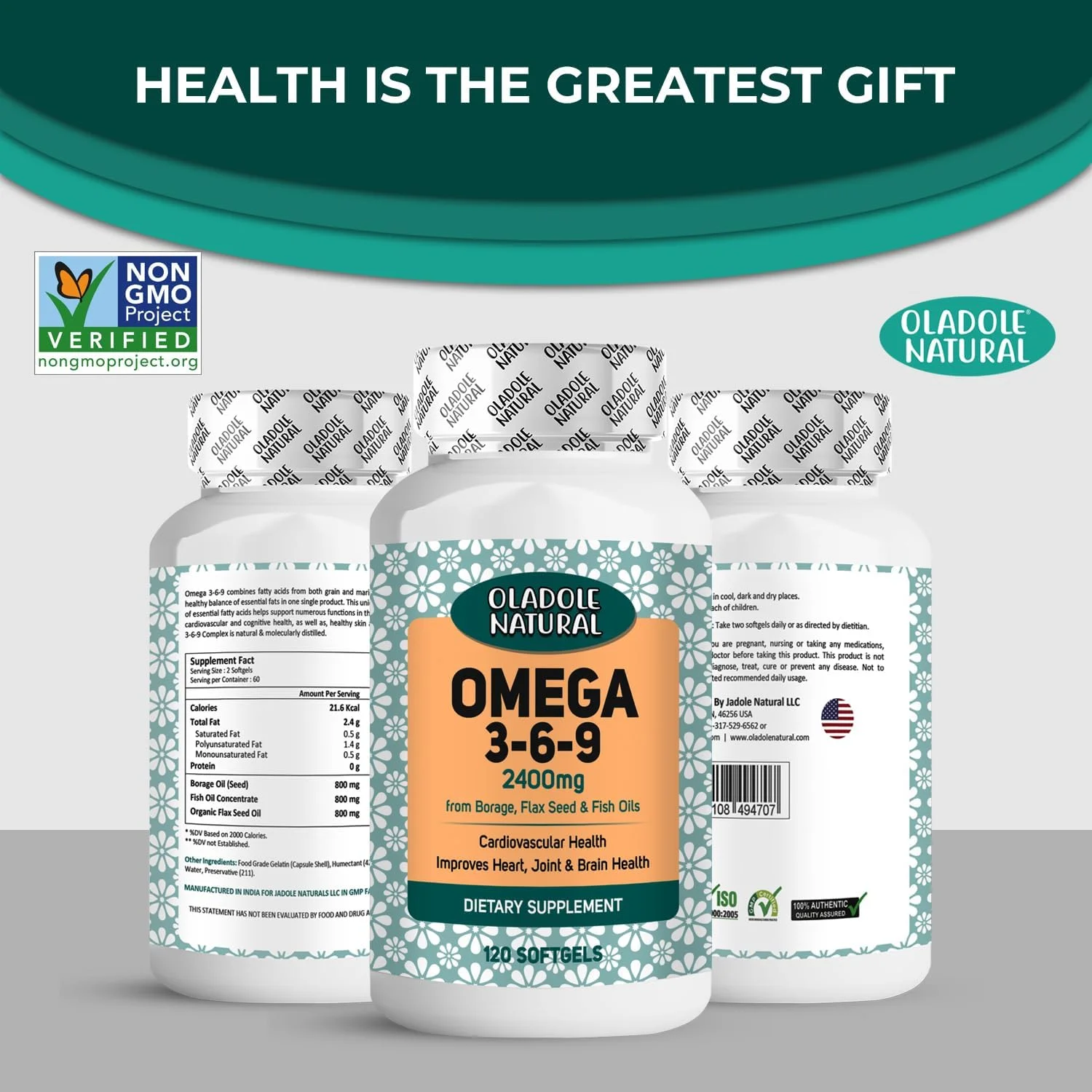 مکمل امگا 3-6-9 طبیعی Oladole - 2400 میلی گرم (120 سافت ژل) تقطیر مولکولی | تقویت سلامت قلب، عملکرد شناختی و پشتیبانی از مفاصل | فرمول اسیدهای چرب ضروری | بدون گلوتن، غیر GMO مکمل امگا 3-6-9 طبیعی Oladole - 2400 میلی گرم (120 سافت ژل) تقطیر مولکولی | تقویت سلامت قلب، عملکرد شناختی و پشتیبانی از مفاصل | فرمول اسیدهای چرب ضروری | بدون گلوتن، غیر GMO