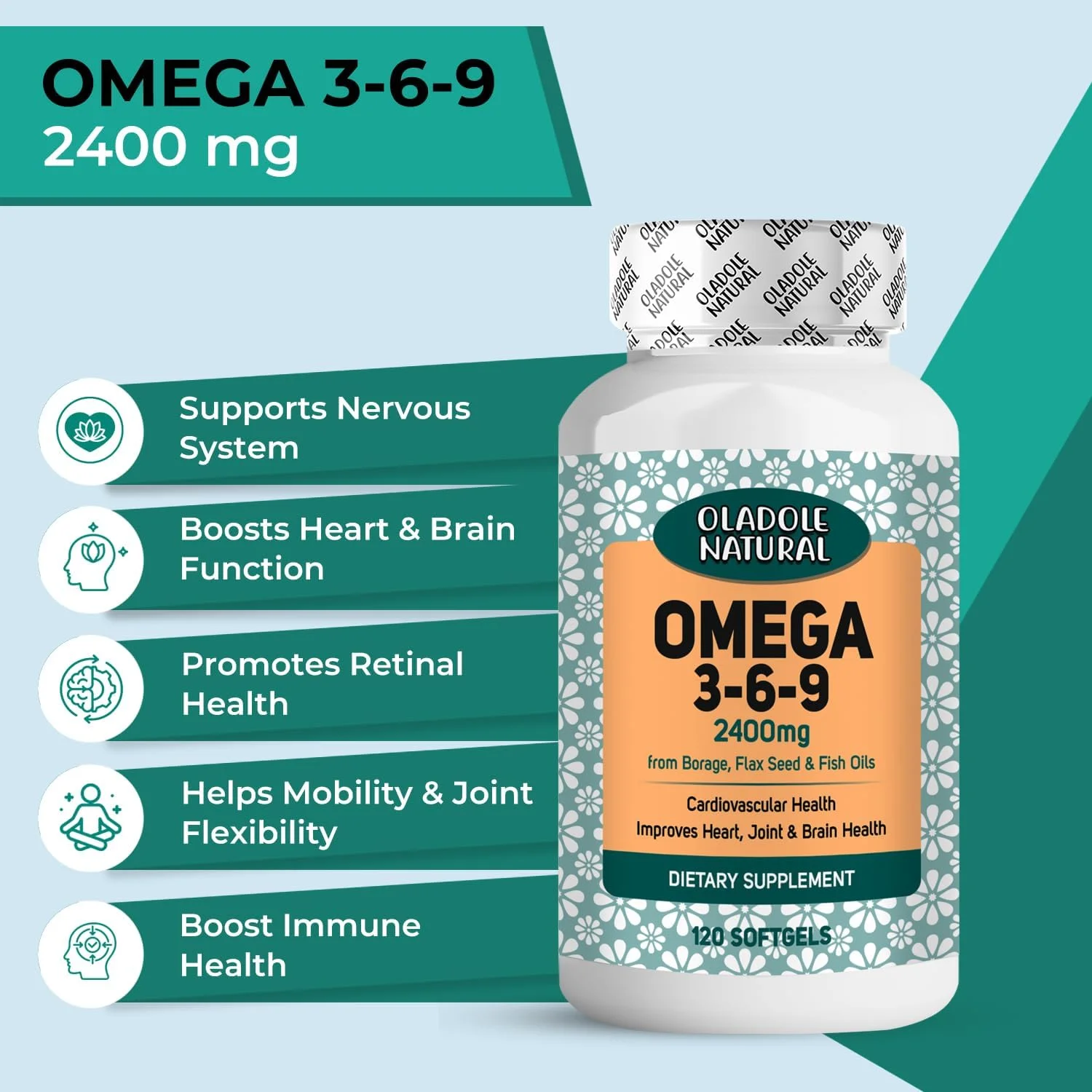 مکمل امگا 3-6-9 طبیعی Oladole - 2400 میلی گرم (120 سافت ژل) تقطیر مولکولی | تقویت سلامت قلب، عملکرد شناختی و پشتیبانی از مفاصل | فرمول اسیدهای چرب ضروری | بدون گلوتن، غیر GMO مکمل امگا 3-6-9 طبیعی Oladole - 2400 میلی گرم (120 سافت ژل) تقطیر مولکولی | تقویت سلامت قلب، عملکرد شناختی و پشتیبانی از مفاصل | فرمول اسیدهای چرب ضروری | بدون گلوتن، غیر GMO