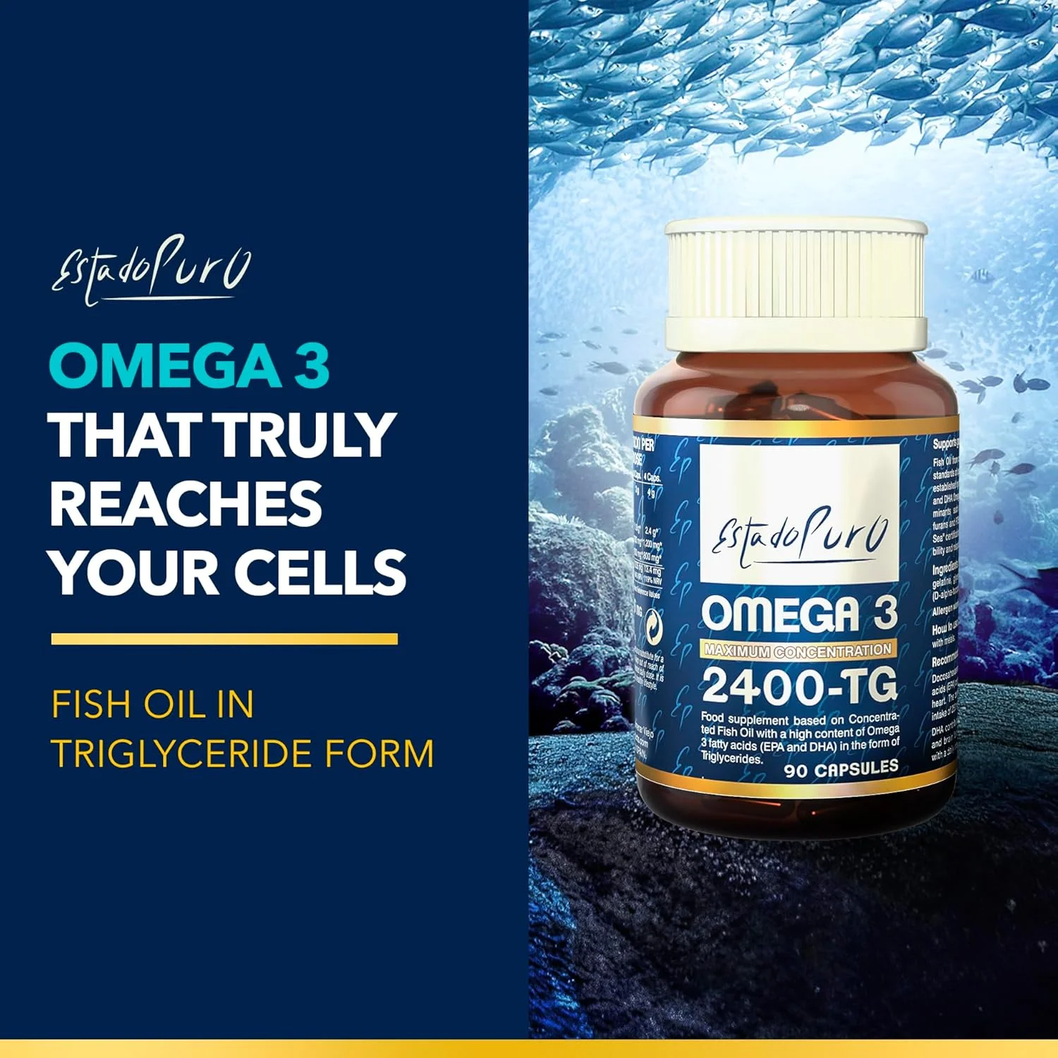 کپسول های امگا 3 - روغن ماهی به فرم تری گلیسیرید - 1200 میلی گرم EPA و 800 میلی گرم DHA - استاندارد بالا از پایداری و خلوص - 90 سافت ژل توسط TONGIL Estado Puro