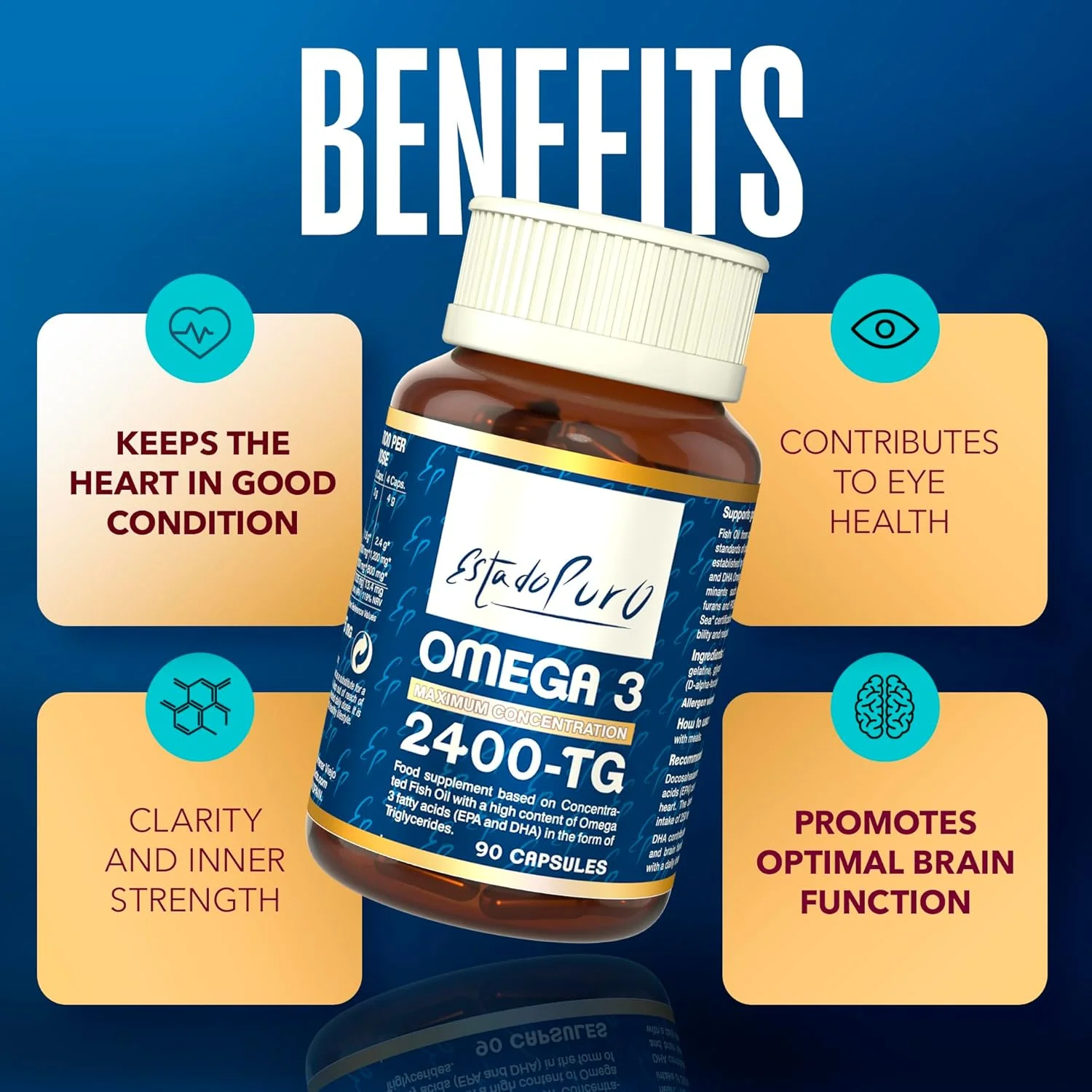 کپسول های امگا 3 - روغن ماهی به فرم تری گلیسیرید - 1200 میلی گرم EPA و 800 میلی گرم DHA - استاندارد بالا از پایداری و خلوص - 90 سافت ژل توسط TONGIL Estado Puro