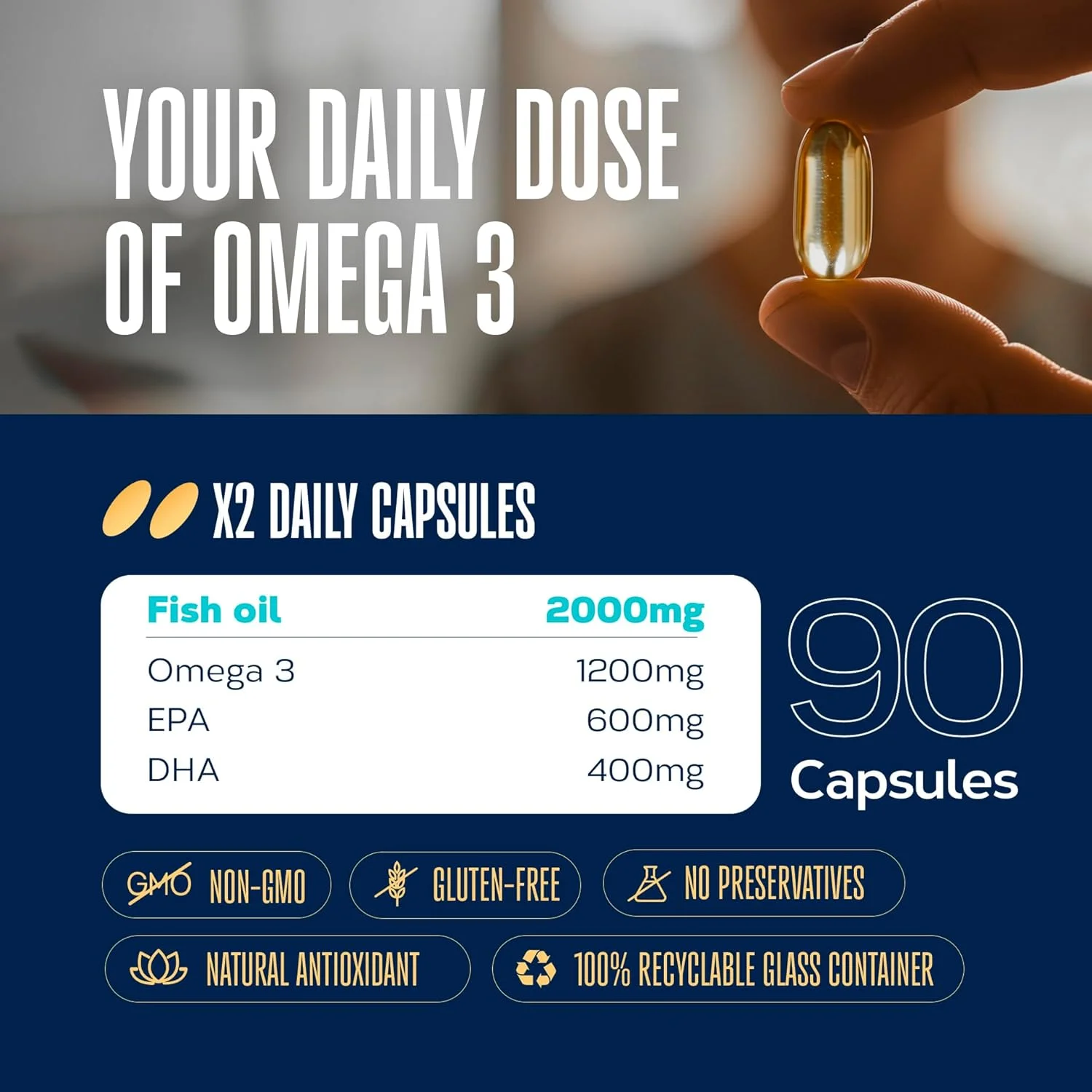 کپسول های امگا 3 - روغن ماهی به فرم تری گلیسیرید - 1200 میلی گرم EPA و 800 میلی گرم DHA - استاندارد بالا از پایداری و خلوص - 90 سافت ژل توسط TONGIL Estado Puro