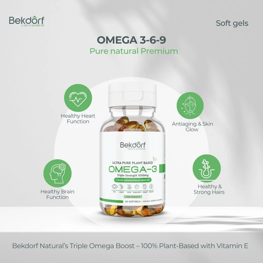 امگا 3 گیاهی به همراه ویتامین ای - 60 سافت ژل | پشتیبانی از سلامت پوست، چشم، مغز، مفاصل، ایمنی و قلب | امگا 3 گیاهی به همراه ویتامین ای - 60 سافت ژل | پشتیبانی از سلامت پوست، چشم، مغز، مفاصل، ایمنی و قلب |