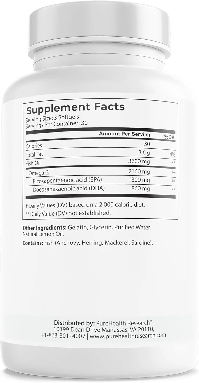 کپسولهای نرم روغن ماهی امگا 3 PUREHEALTH RESEARCH - مکملهای اسید چرب امگا 3 - مکمل EPA DHA - غیر GMO - 90 کپسول نرم کپسولهای نرم روغن ماهی امگا 3 PUREHEALTH RESEARCH - مکملهای اسید چرب امگا 3 - مکمل EPA DHA - غیر GMO - 90 کپسول نرم