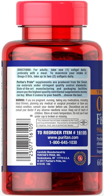 روغن ماهی امگا 3 با قدرت سه برابر Puritan's Pride، 1360 میلی گرم (950 میلی گرم امگا 3 فعال) 60 عدد روغن ماهی امگا 3 با قدرت سه برابر Puritan's Pride، 1360 میلی گرم (950 میلی گرم امگا 3 فعال) 60 عدد