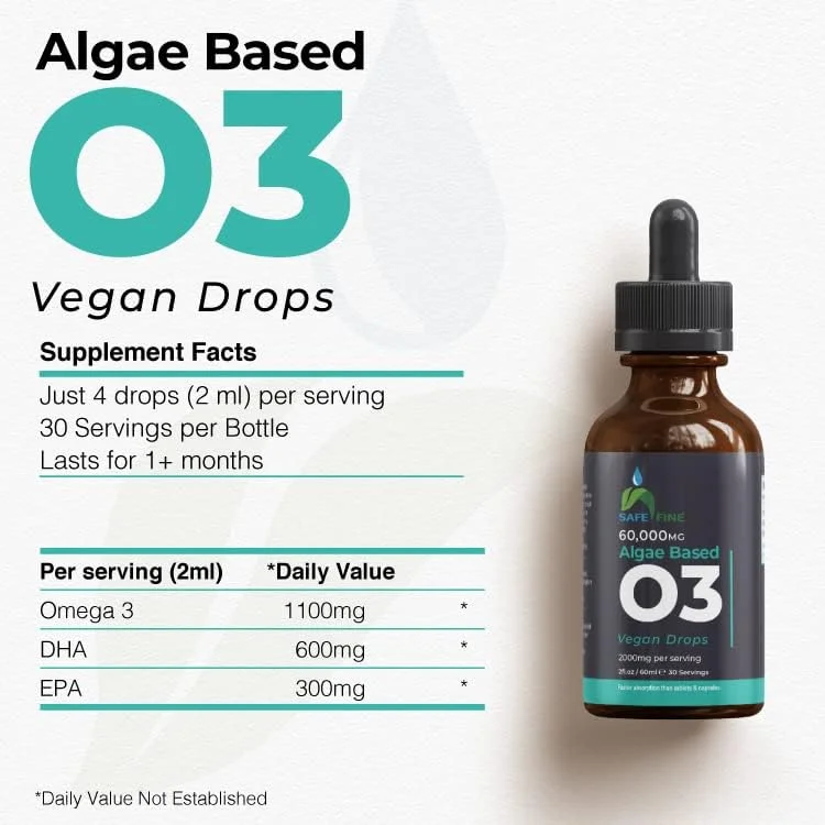 امگا 3 مایع گیاهی - DHA از روغن جلبک - بطری قطره چکان 60 میلی لیتری - 2000 میلی گرم در هر وعده، منبع جلبک گیاهی، پشتیبانی از قلب، مغز و چشم