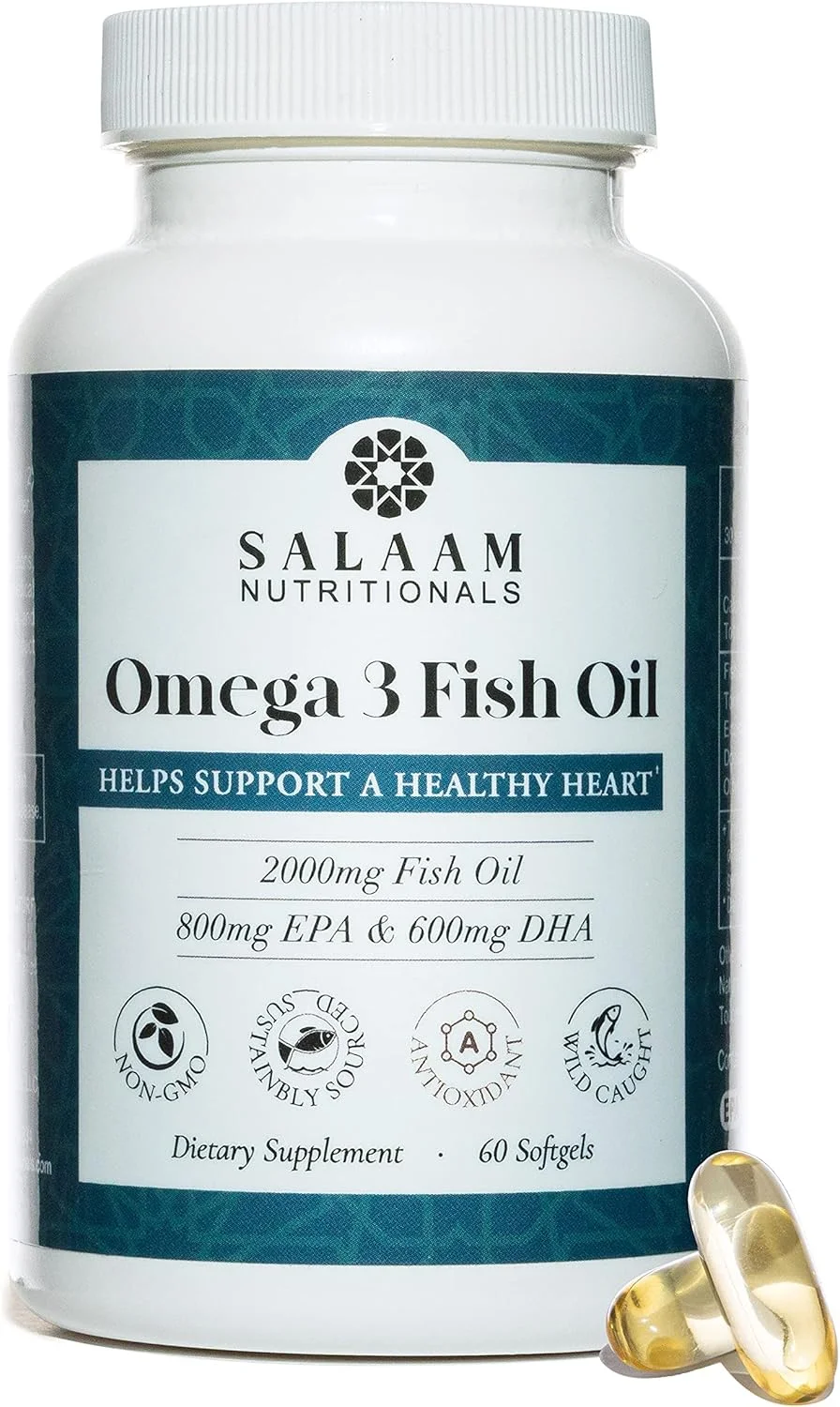 روغن ماهی حلال Salaam Nutritionals، بدون طعم ماهی، امگا 3 DHA+ EPA 2,000 میلی گرم برای سلامت قلب، چشم و مغز. تقویت سیستم ایمنی و ضد التهاب برای سلامت مفاصل. روغن ماهی حلال Salaam Nutritionals، بدون طعم ماهی، امگا 3 DHA+ EPA 2,000 میلی گرم برای سلامت قلب، چشم و مغز. تقویت سیستم ایمنی و ضد التهاب برای سلامت مفاصل.