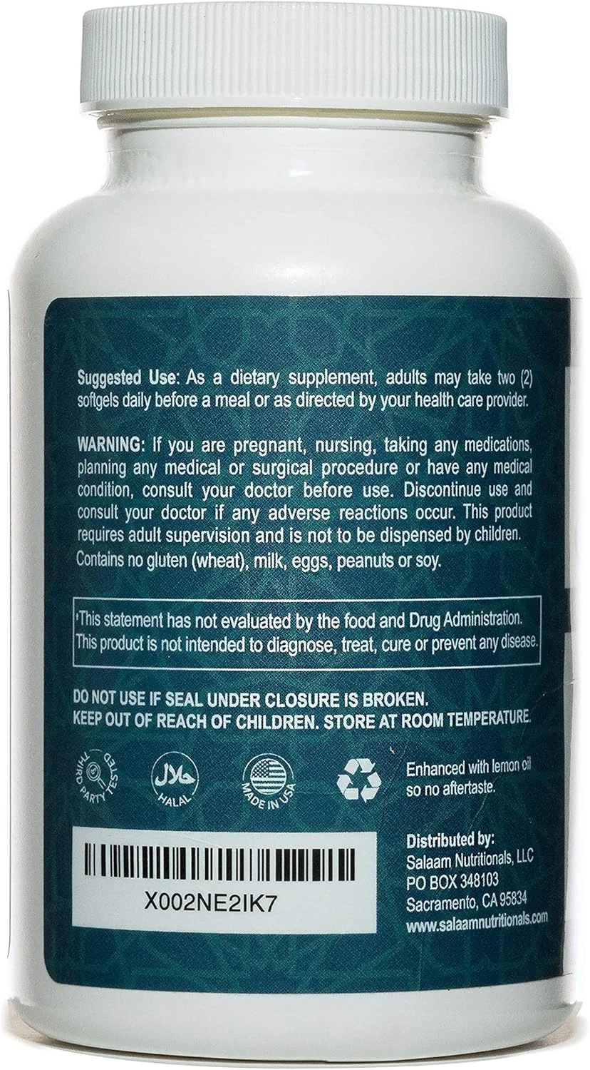 روغن ماهی حلال Salaam Nutritionals، بدون طعم ماهی، امگا 3 DHA+ EPA 2,000 میلی گرم برای سلامت قلب، چشم و مغز. تقویت سیستم ایمنی و ضد التهاب برای سلامت مفاصل. روغن ماهی حلال Salaam Nutritionals، بدون طعم ماهی، امگا 3 DHA+ EPA 2,000 میلی گرم برای سلامت قلب، چشم و مغز. تقویت سیستم ایمنی و ضد التهاب برای سلامت مفاصل.