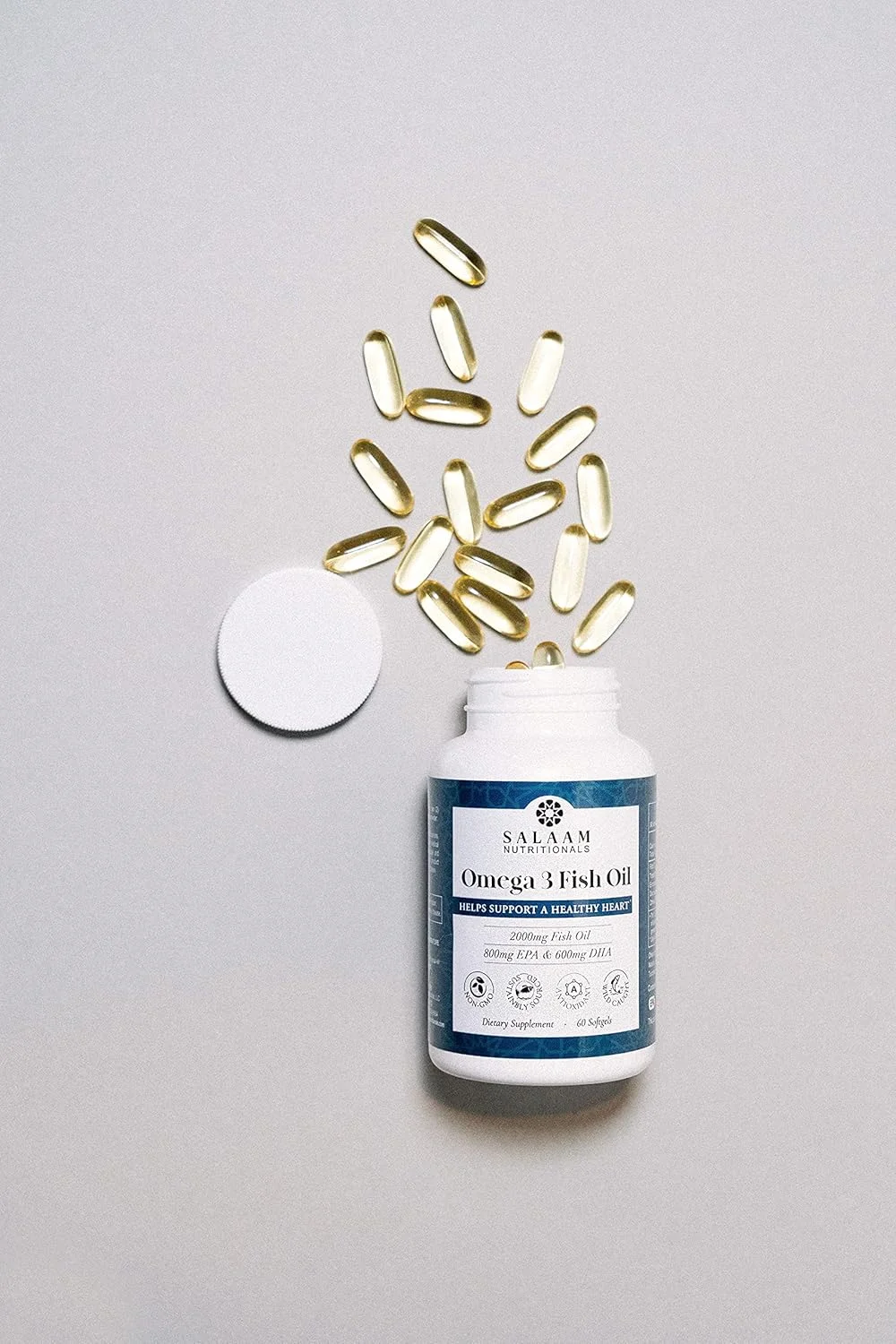 روغن ماهی حلال Salaam Nutritionals، بدون طعم ماهی، امگا 3 DHA+ EPA 2,000 میلی گرم برای سلامت قلب، چشم و مغز. تقویت سیستم ایمنی و ضد التهاب برای سلامت مفاصل. روغن ماهی حلال Salaam Nutritionals، بدون طعم ماهی، امگا 3 DHA+ EPA 2,000 میلی گرم برای سلامت قلب، چشم و مغز. تقویت سیستم ایمنی و ضد التهاب برای سلامت مفاصل.