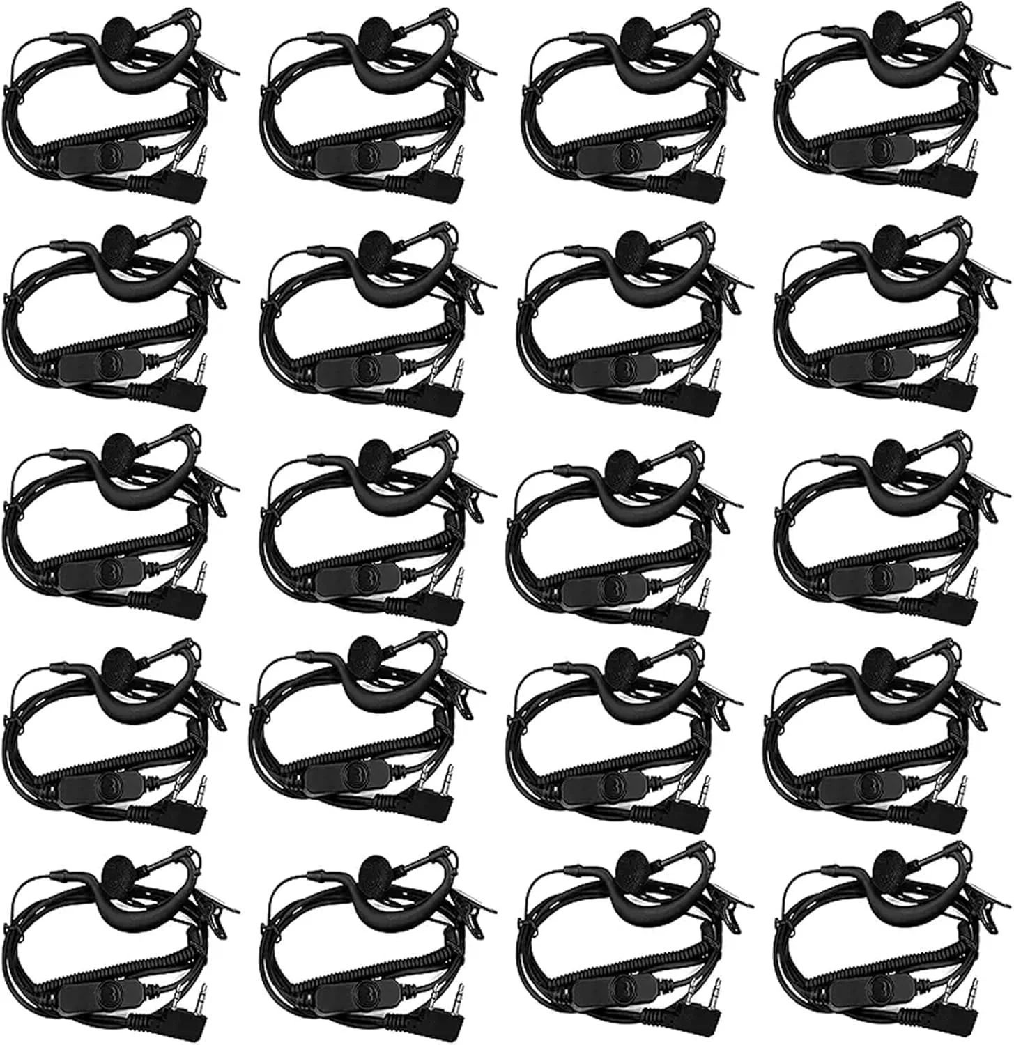 گوشی یک طرفه رادیویی Retevis با قابلیت تنظیم صدا، سازگار با رادیوهای دو طرفه RT22 RT21 H-777 RT68، گوشی قلاب C شکل با لوله فنری، هدست واکی تاکی با میکروفون (بسته 20 عددی)