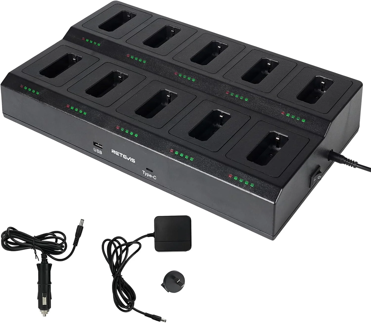 شارژر واکی تاکی 10 تایی Retevis RT22، شارژر چندگانه ده تایی، برای واکی تاکی و باتری Retevis RT22 RT22S RB19 RB19P RB39 RB39P، دارای 5 نشانگر LED، آداپتور AC/DC، پایه قابل تعویض (1 عدد)