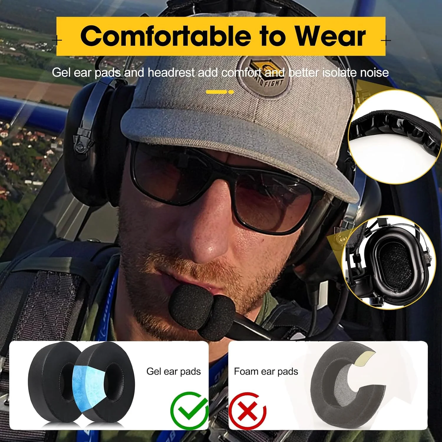 هدست هوانوردی ممتاز Retevis EHG001 برای خلبانان، مونو و استریو، کاهش نویز پسیو، میکروفون حذف نویز، بالشتک های ژله ای گوشی، هدبند قابل تنظیم، برای دانشجویان پرواز، کیف هدست (1 عدد)