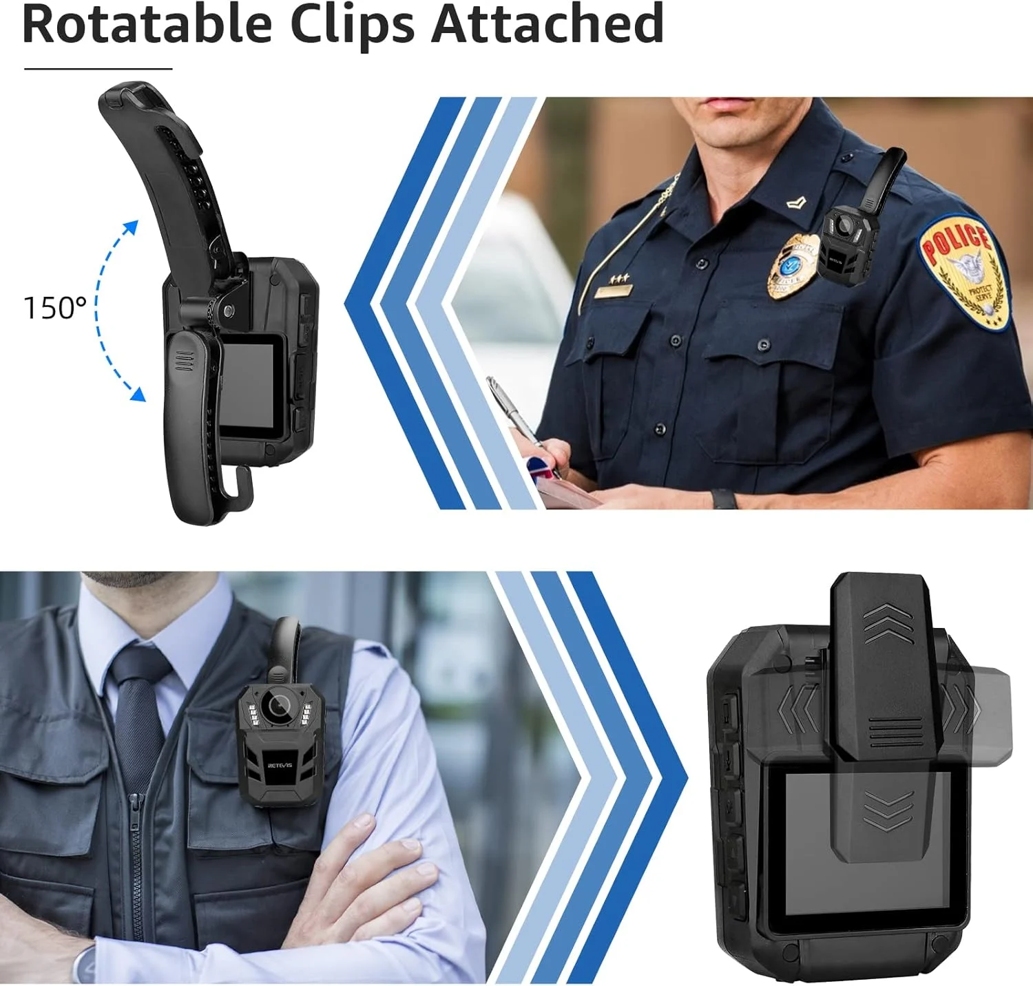 دوربین بدنه Retevis RT77 با قابلیت ضبط صدا و تصویر، دید در شب، 1296P، حافظه 16 گیگابایتی، باتری 2650mAh، پشتیبانی از افزایش حافظه، دوربین بدنه برای فیلمبرداری پلیس، امنیت، ضبط روزانه و اجرای قانون