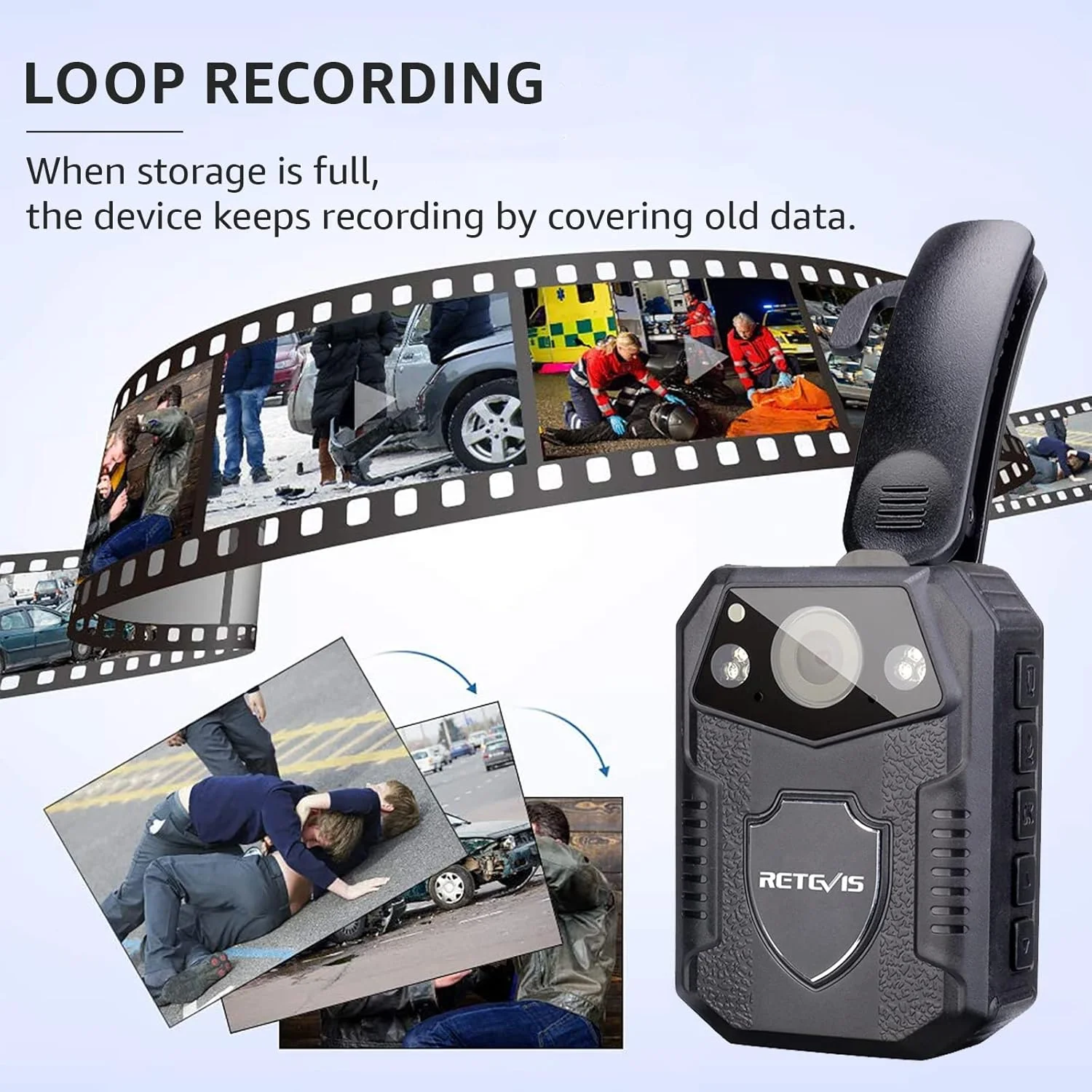 دوربین بدنه Retevis RT77 با قابلیت ضبط صدا و تصویر، دید در شب، 1296P، حافظه 16 گیگابایتی، باتری 2650mAh، پشتیبانی از افزایش حافظه، دوربین بدنه برای فیلمبرداری پلیس، امنیت، ضبط روزانه و اجرای قانون