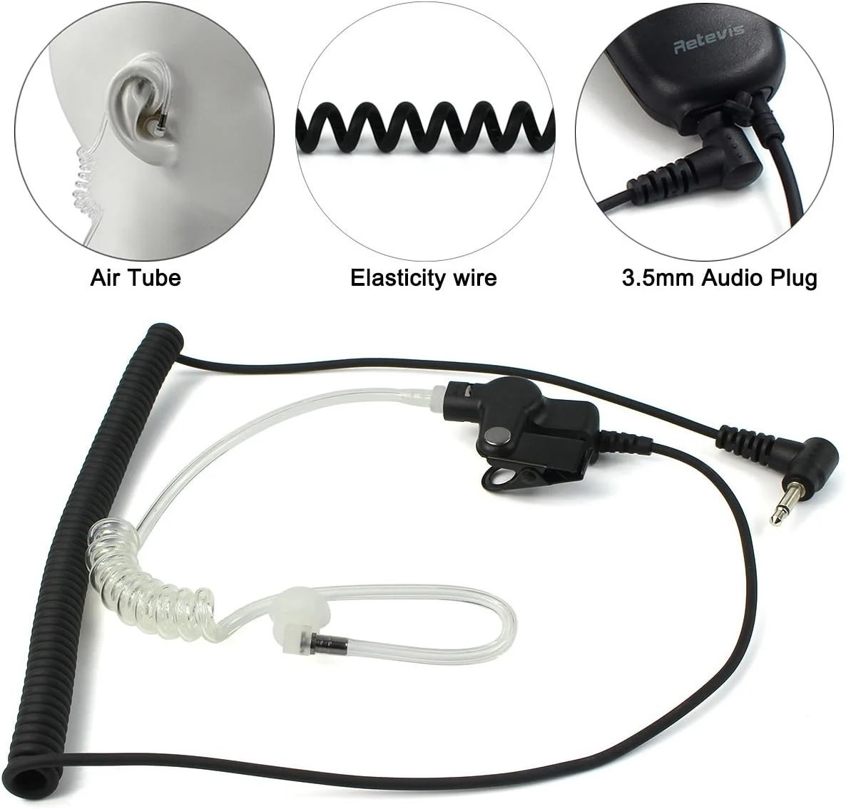 هندزفری داخل گوشی Retevis با لوله صوتی امنیتی 3.5 میلی متری سازگار با موتورولا، کنوود، ICOM، MP3 یونیورسال (بسته 2 عددی)