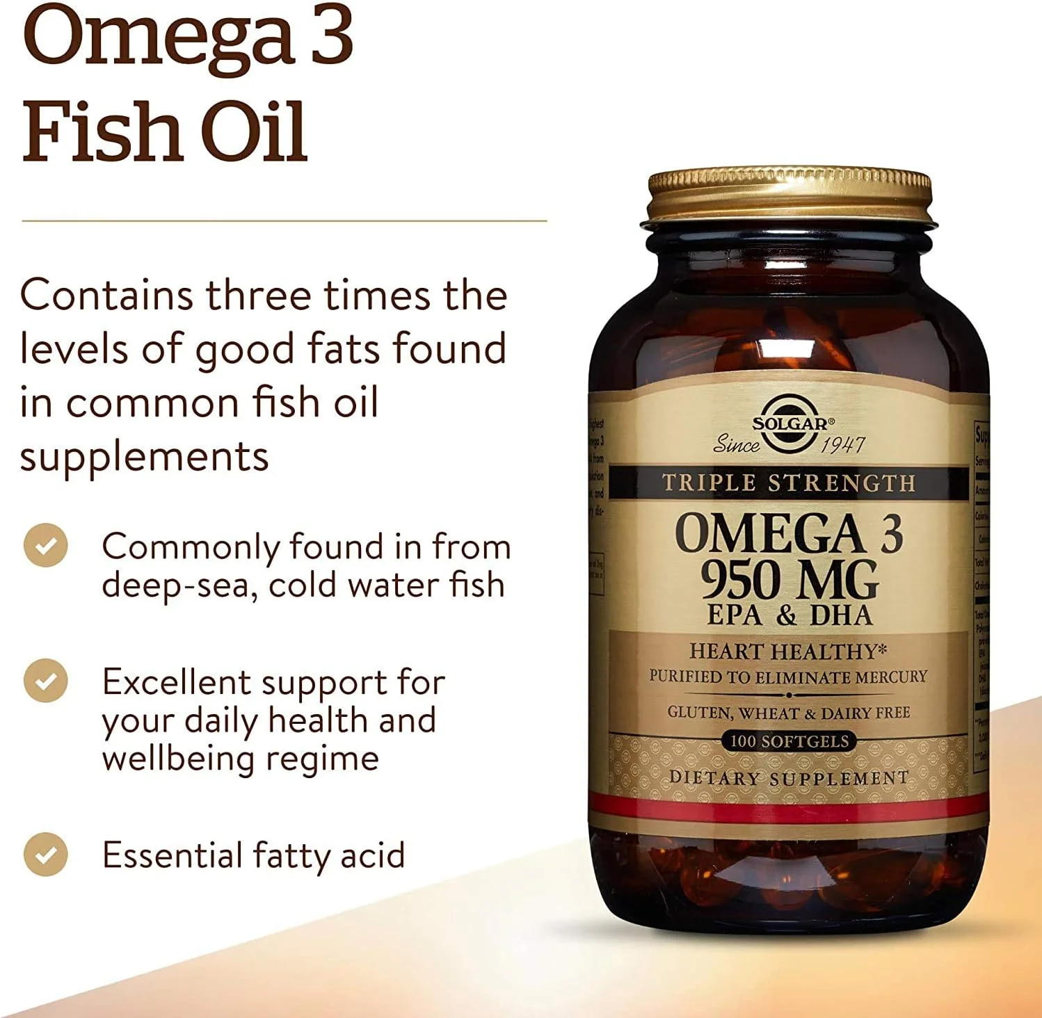 سولگار، امگا 3، 950 میلی گرم، EPA 504 میلی گرم و DHA 378 میلی گرم، قدرت سه گانه، 100 سافت ژل (فقط 1 بسته)
