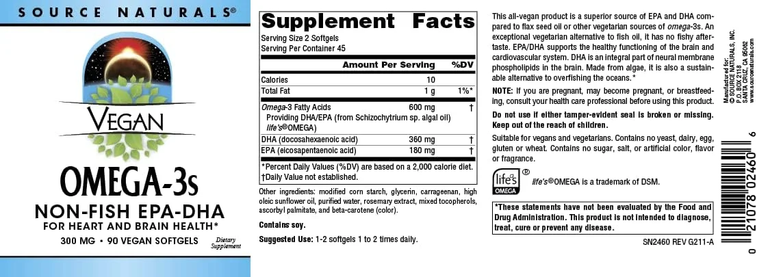 سورس نچرالز امگا 3 گیاهی EPA DHA 300 میلی گرم سافت ژل گیاهی 90 عددی