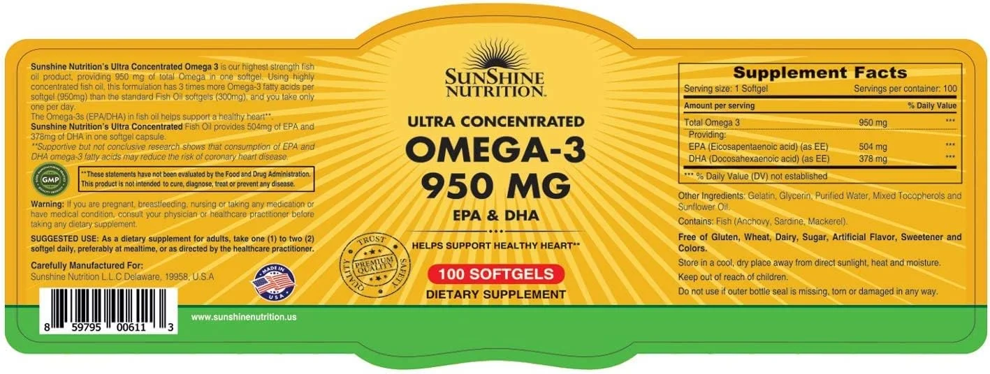 سان شاین نوتریشن امگا 3 فوق غلیظ 950 میلی گرم EPA و DHA، 100 سافت ژل | کمک به حفظ سلامت قلب | بدون گلوتن