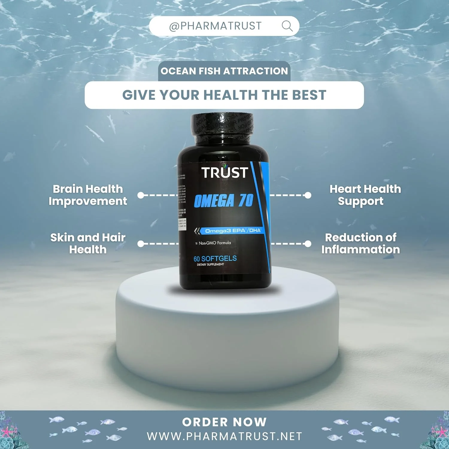 مکمل روغن ماهی امگا 70، EPA/DHA، 1000 میلی گرم، 60 سافت ژل، فرمول غیر تراریخته مکمل روغن ماهی امگا 70، EPA/DHA، 1000 میلی گرم، 60 سافت ژل، فرمول غیر تراریخته