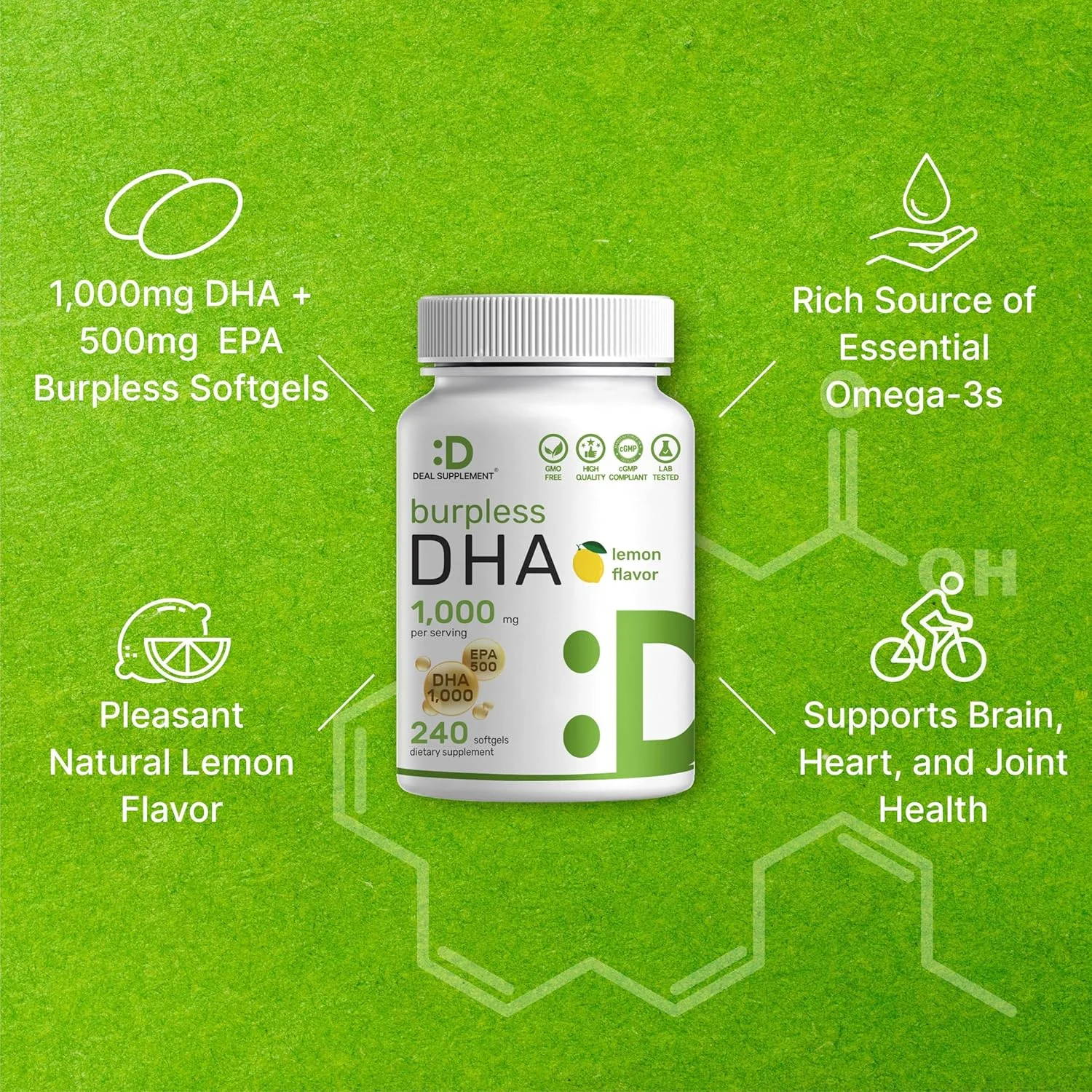 مکمل های DHA | 240 سافت ژل، بدون طعم ماهی، طعم لیمو، DHA 1000mg + EPA 500mg، ماهی صید شده وحشی، غنی از امگا 3، بدون جیوه، غیر GMO، پشتیبانی از سلامت مغز، قلب و مفاصل مکمل های DHA | 240 سافت ژل، بدون طعم ماهی، طعم لیمو، DHA 1000mg + EPA 500mg، ماهی صید شده وحشی، غنی از امگا 3، بدون جیوه، غیر GMO، پشتیبانی از سلامت مغز، قلب و مفاصل