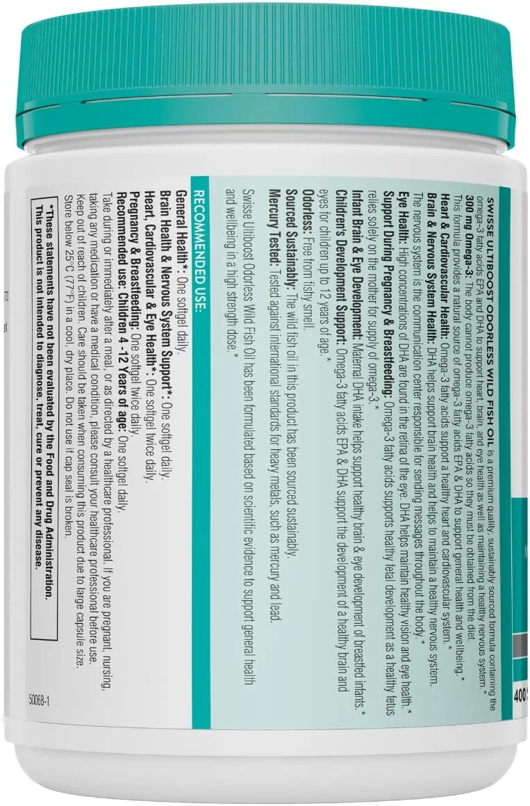 روغن ماهی بدون بو سوییسه Ultiboost با قدرت بالا (1500 میلی گرم) امگا 3 برای ایمنی، قلب، مغز، مفاصل و چشم ها - 90 کپسول