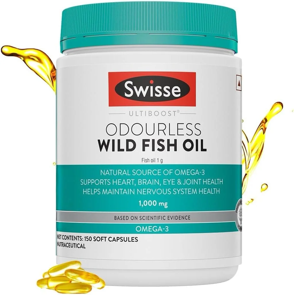 روغن ماهی بدون بو SWISSE Ultiboost با 1500 میلی گرم امگا 3 (بالاترین غلظت در یک کپسول) | بهبود سلامت قلب، مغز، چشم | 200 کپسول | یک کپسول در هر وعده
