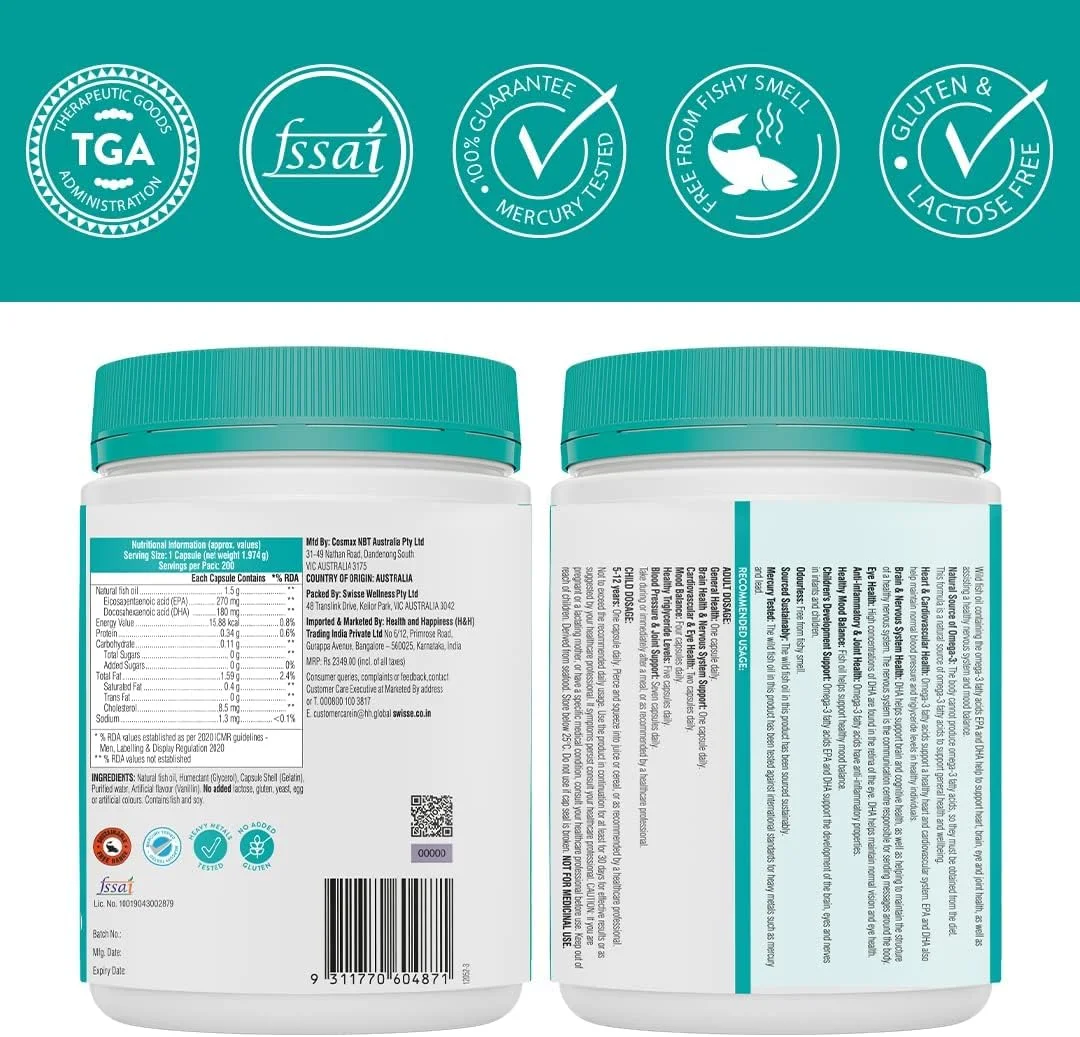 روغن ماهی بدون بو SWISSE Ultiboost با 1500 میلی گرم امگا 3 (بالاترین غلظت در یک کپسول) | بهبود سلامت قلب، مغز، چشم | 200 کپسول | یک کپسول در هر وعده