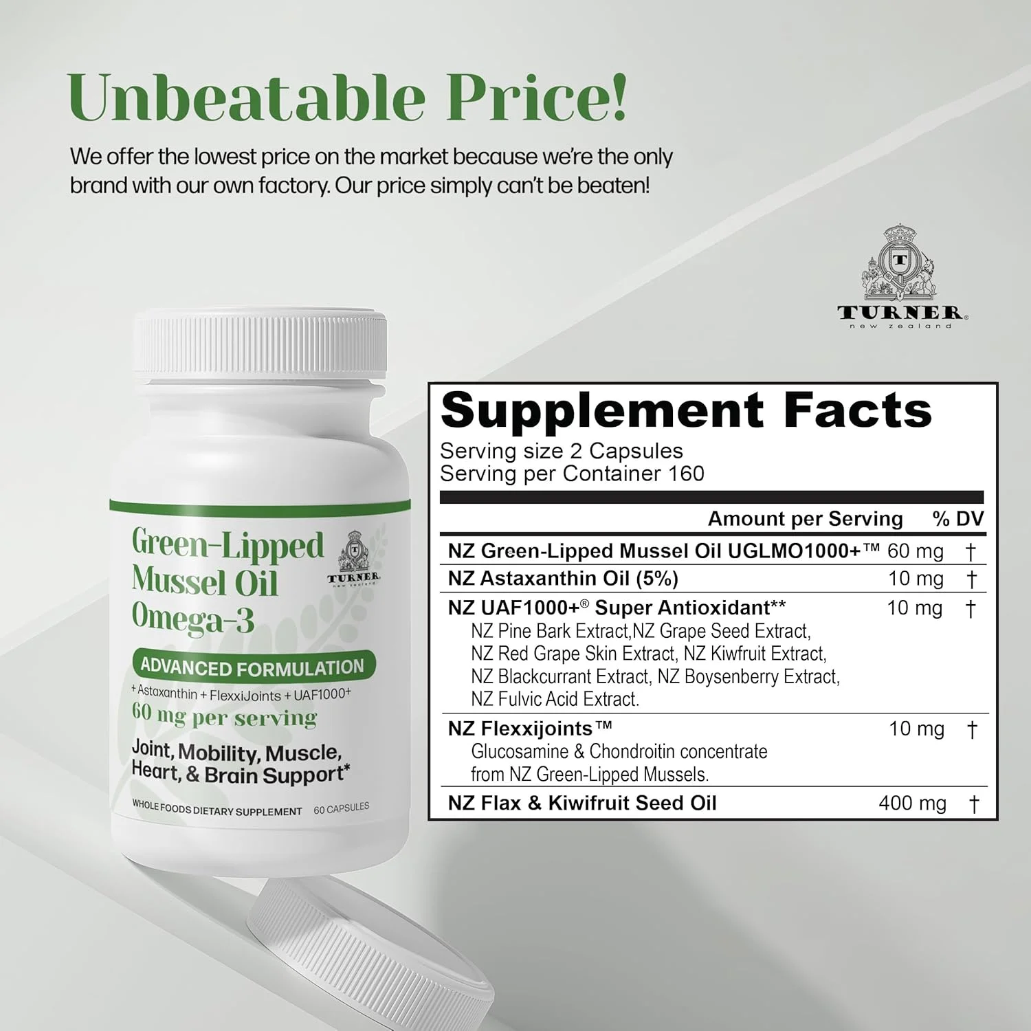 روغن صدف لبه سبز امگا 3 TURNER از نیوزلند، 53 برابر قوی تر با آنتی اکسیدان فوق العاده UAF1000+