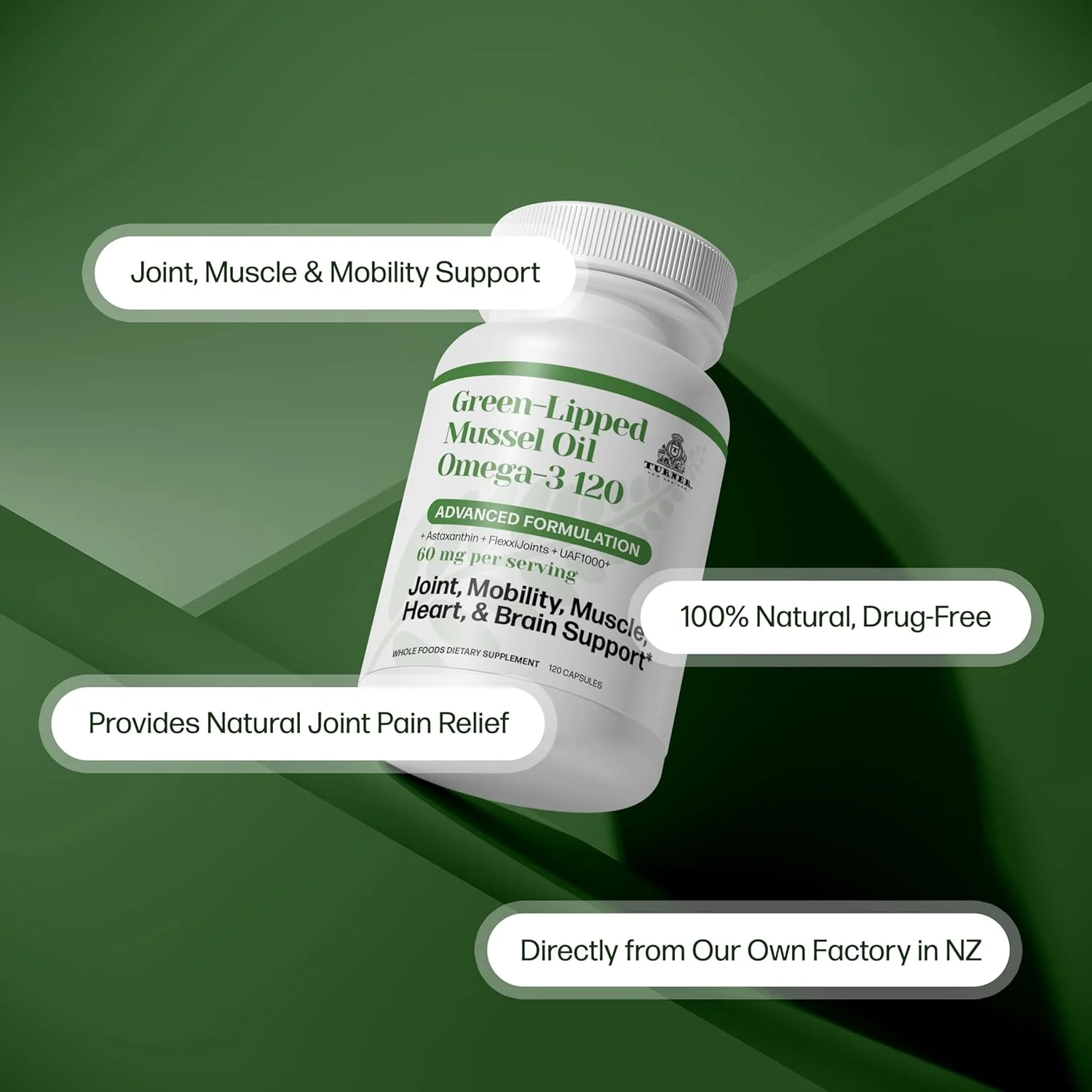 روغن صدف لبه سبز امگا 3 TURNER از نیوزلند، 53 برابر قوی تر با آنتی اکسیدان فوق العاده UAF1000+