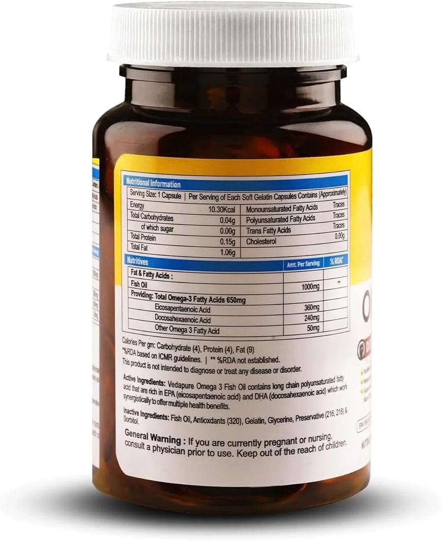 کپسول روغن ماهی امگا 3 VEDAPURE برای آقایان و بانوان 1000 میلی گرم با ویتامین E و D3 | 360 EPA و 240 DHA | بدون طعم ماهی | پشتیبانی از سلامت قلب، چشم و مفاصل - 60 سافت ژل