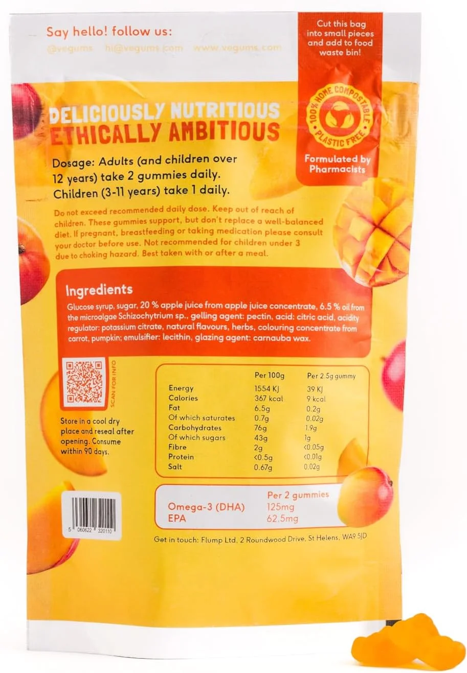 پاستیل های امگا 3 بدون ماهی Vegums - مکمل امگا 3 گیاهی از جلبک - با طعم سیب و انبه، DHA و EPA - 30 پاستیل