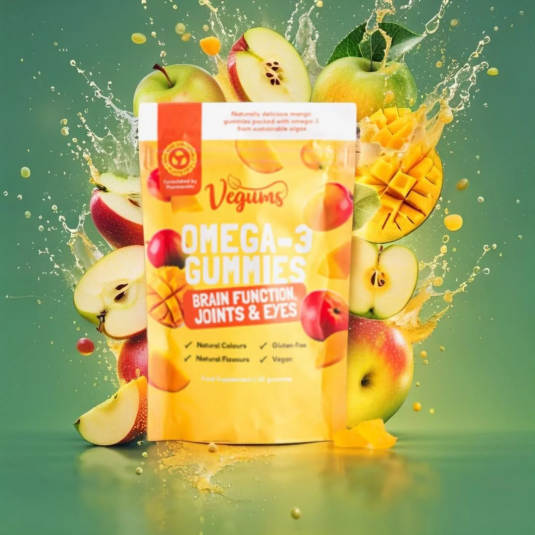 پاستیل های امگا 3 بدون ماهی Vegums - مکمل امگا 3 گیاهی از جلبک - با طعم سیب و انبه، DHA و EPA - 30 پاستیل