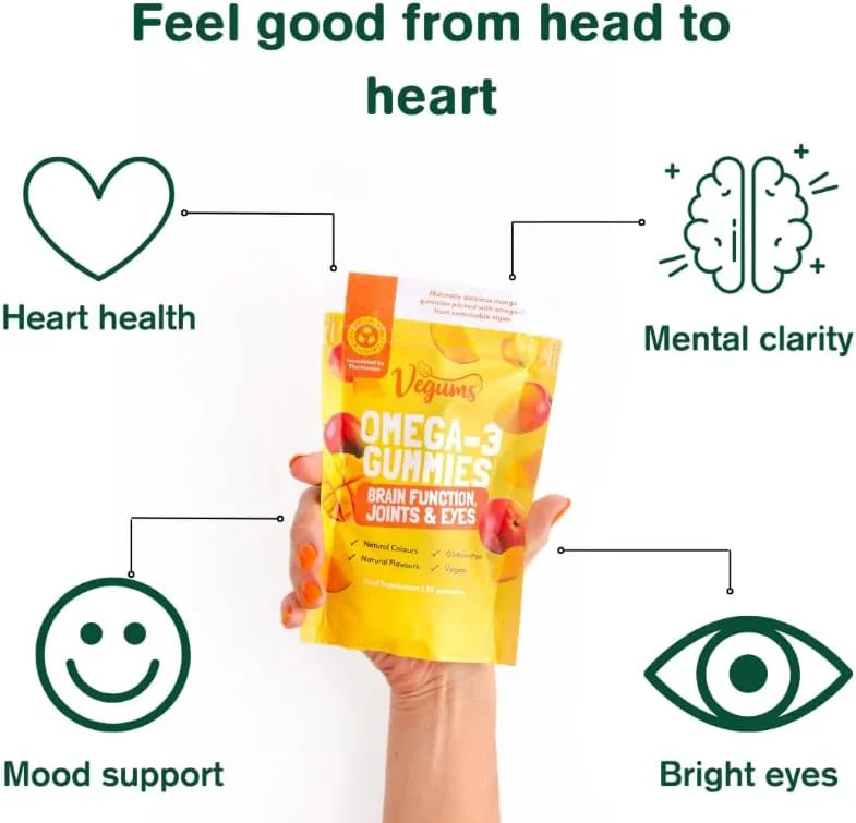 پاستیل های امگا 3 بدون ماهی Vegums - مکمل امگا 3 گیاهی از جلبک - با طعم سیب و انبه، DHA و EPA - 30 پاستیل