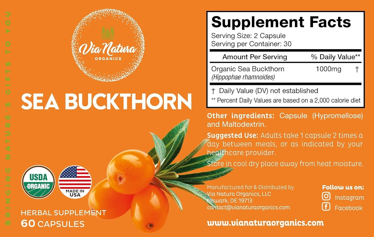 کپسول های سنجد تلخ ارگانیک ویا ناتورا 1000 میلی گرم | مکمل گیاهی | منبع امگا 3، امگا 6، امگا 7 و امگا 9 | 60 کپسول